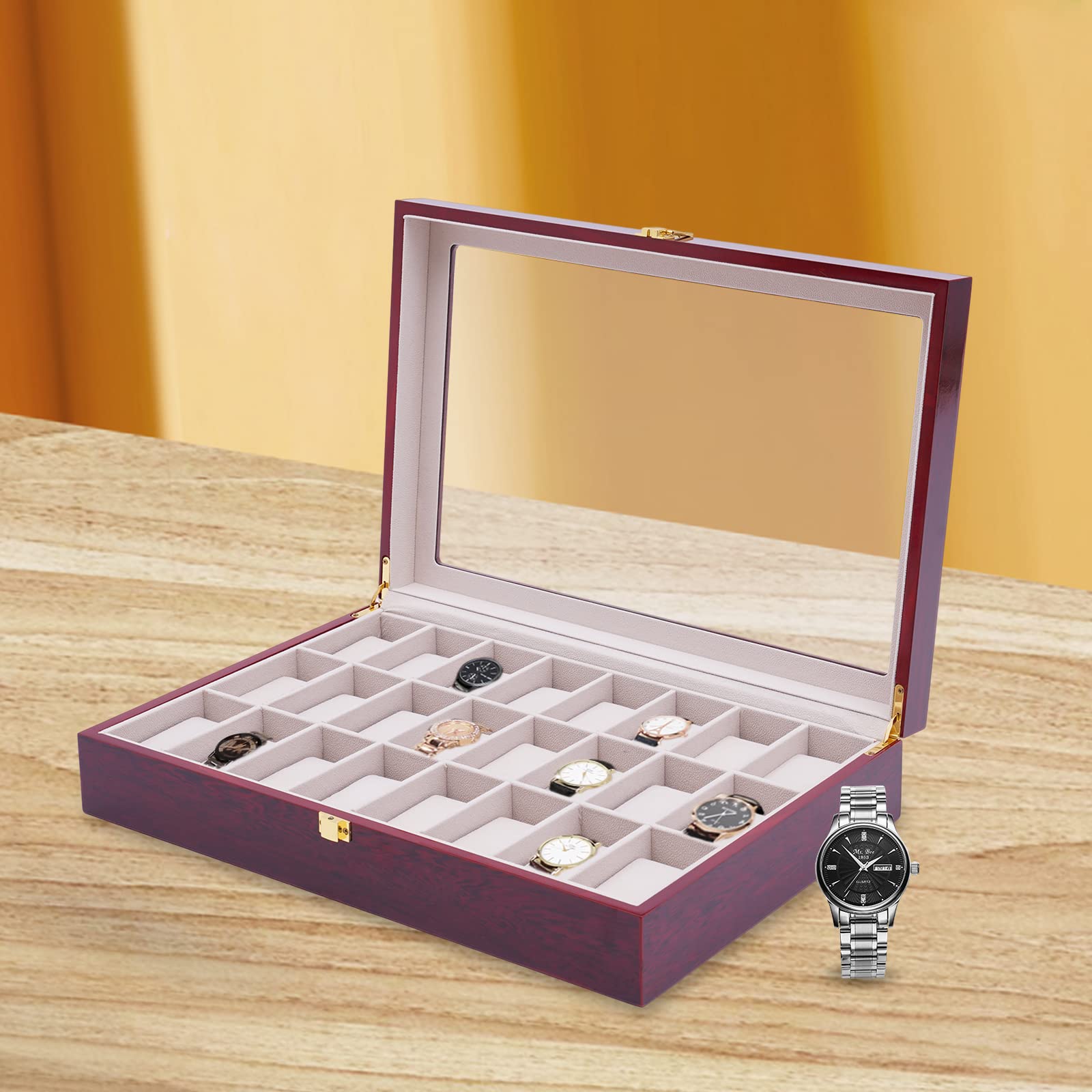 CHUOZI 24-Slot Watch Box,24 Slot Wood Display Case Glass Top Jewelry Storage Organizer