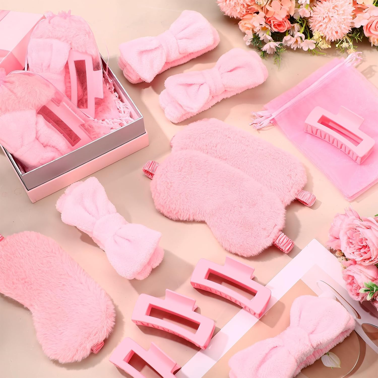 48 Pcs Spa Party Supplies Sleepover Essentials Incl Spa Headband Plush Eye Mask Claw Clips Organza Bag for women Adult Slumber Party Supplies Graduation Gift (Pink)