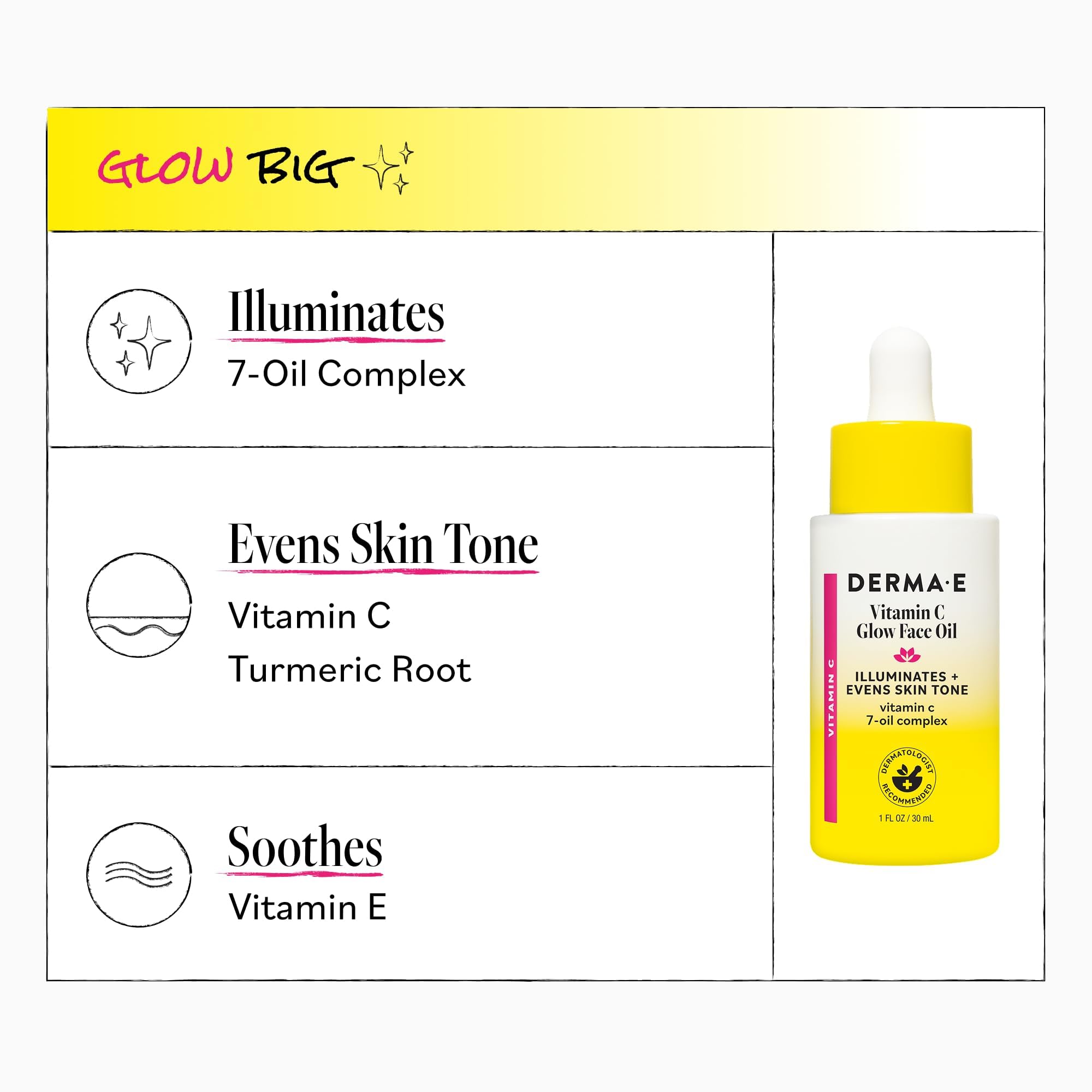 DERMA E Vitamin C Glow Face Oil with Turmeric, Seabuckthorn & Red Raspberry, 1 Fl Oz