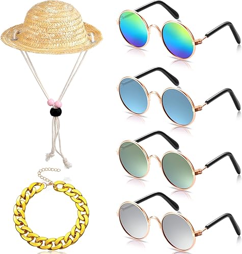 Weewooday Disfraz de perro y gato, 6 piezas, gafas de sol para mascotas y sombrero de paja de verano con collar de cadena de oro sintético,