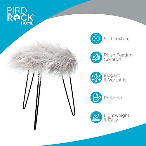 Miniatura 4 de BIRDROCK HOME Taburete redondo de piel sintética con patas de horquilla negras, acogedora y elegante silla de maquillaje con patas de metal, asiento