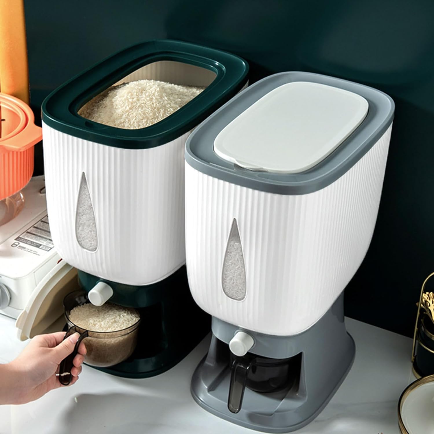 Press Type Rice Dispenser with Measuring Function 10kg Capacity Clear Window for Easy Storage and Design Clear Window Rice Canister