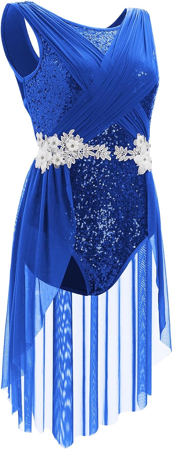 IBAKOM Women Lyrical Dance Costume Criss-Cross Back Floral Lace Sequins Bodice Half Flowy Skirt Contemporary Dance Outfits
