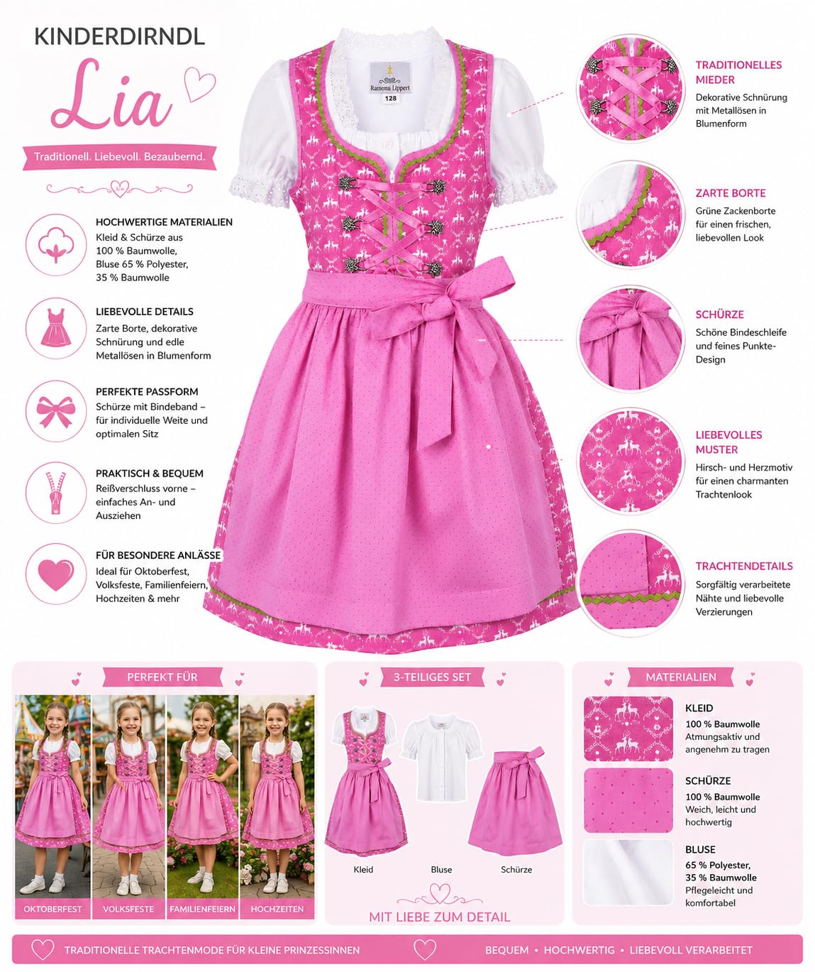 Ramona Lippert® Dziecięca dirndl Lia, różowa – 3-częściowa sukienka ludowa Dirndl dla dziewczynek, Rosa, 146-152