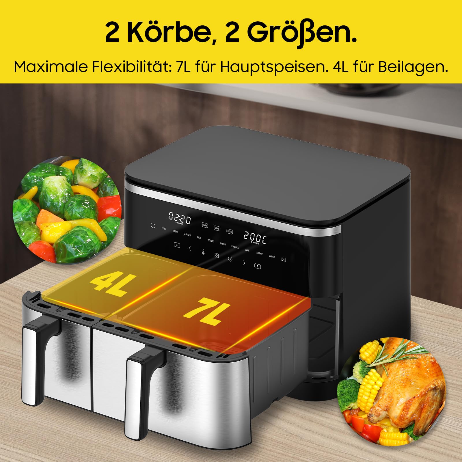 Heteluchtfriteuse, dubbele kamer, 11 l, airfryer, XXL heteluchtfriteuse met 2 manden, 7 l/4 l, hoofdgerecht en bijgerecht tegelijk, 2600 W, 10 programma's, touchscreen, shake-herinnering