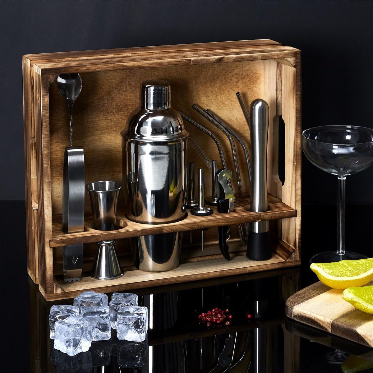 Set à cocktail de 15 pièces dans un emballage de présentation en bois élégant - Mélangez et servez les cocktails parfaits comme un professionnel