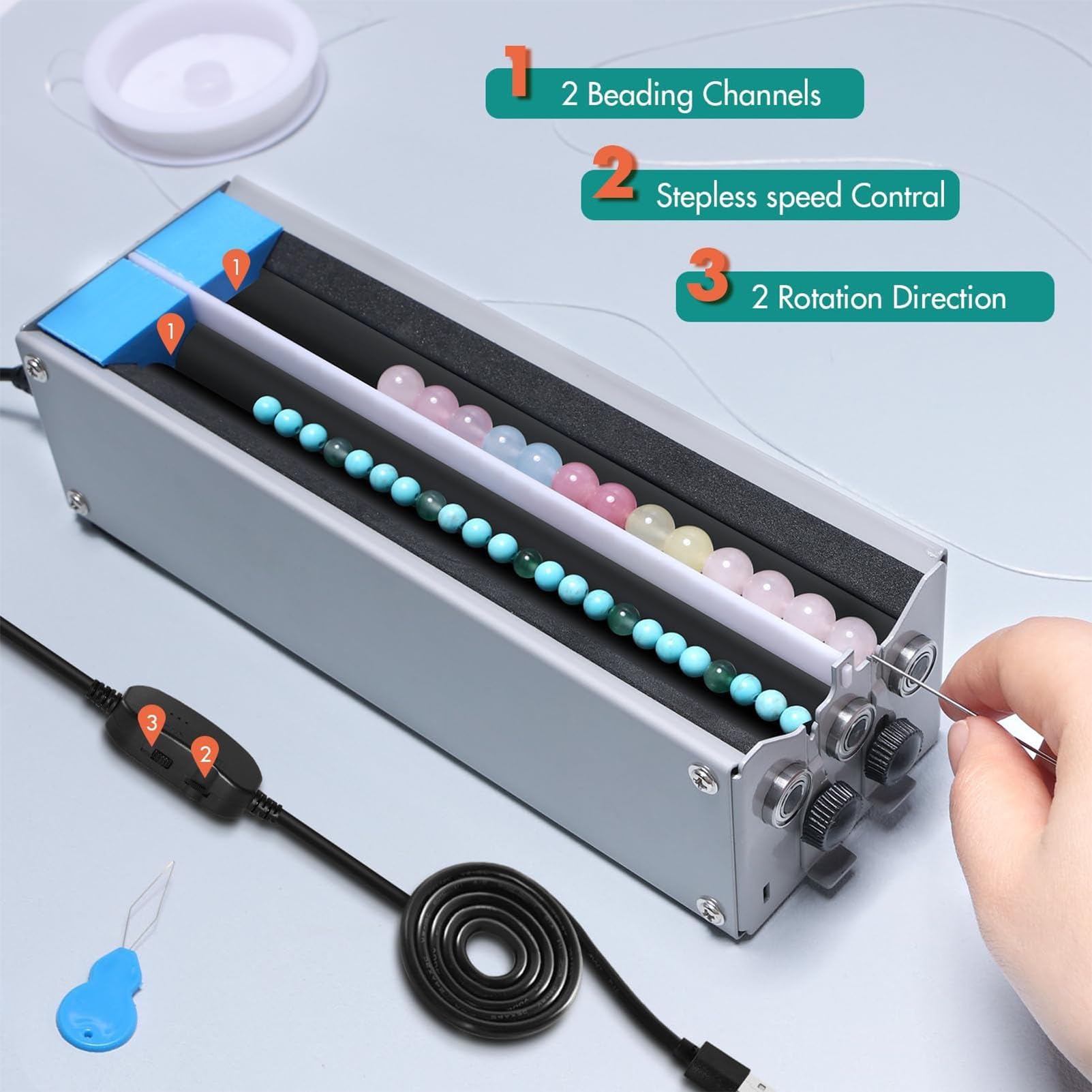 Máquina eléctrica de cuentas, herramienta de cuentas de doble canal con rango de rosca de 1,5 a 17 mm, ancho de rodillo ajustable para diseño de joyas, pulseras y collares