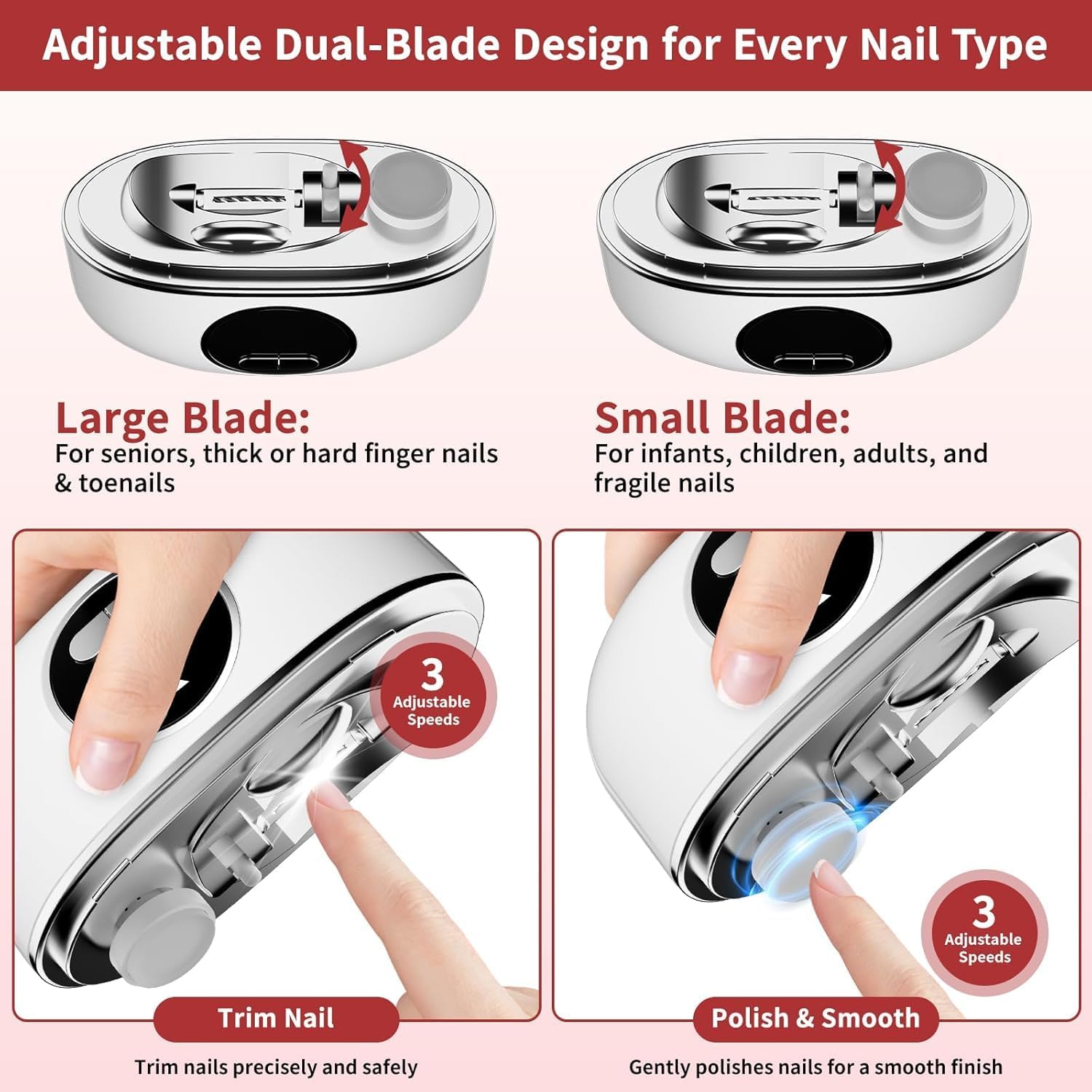 Electric Nail Clippers for Toenails Fingernail - 2026 3 in 1 Automatic Nail Trimmer with Nail Polishing and Two Adjustable Blade Widths - USB Rechargeable for Baby/Kids/Adults/Seniors Thick Nails