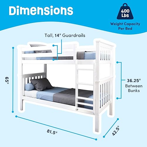 Miniatura 17 de Max & Lily - Litera de tamaño individual sobre matrimonial con escalera, base de cama de madera maciza para niños, barandillas de seguridad de 14