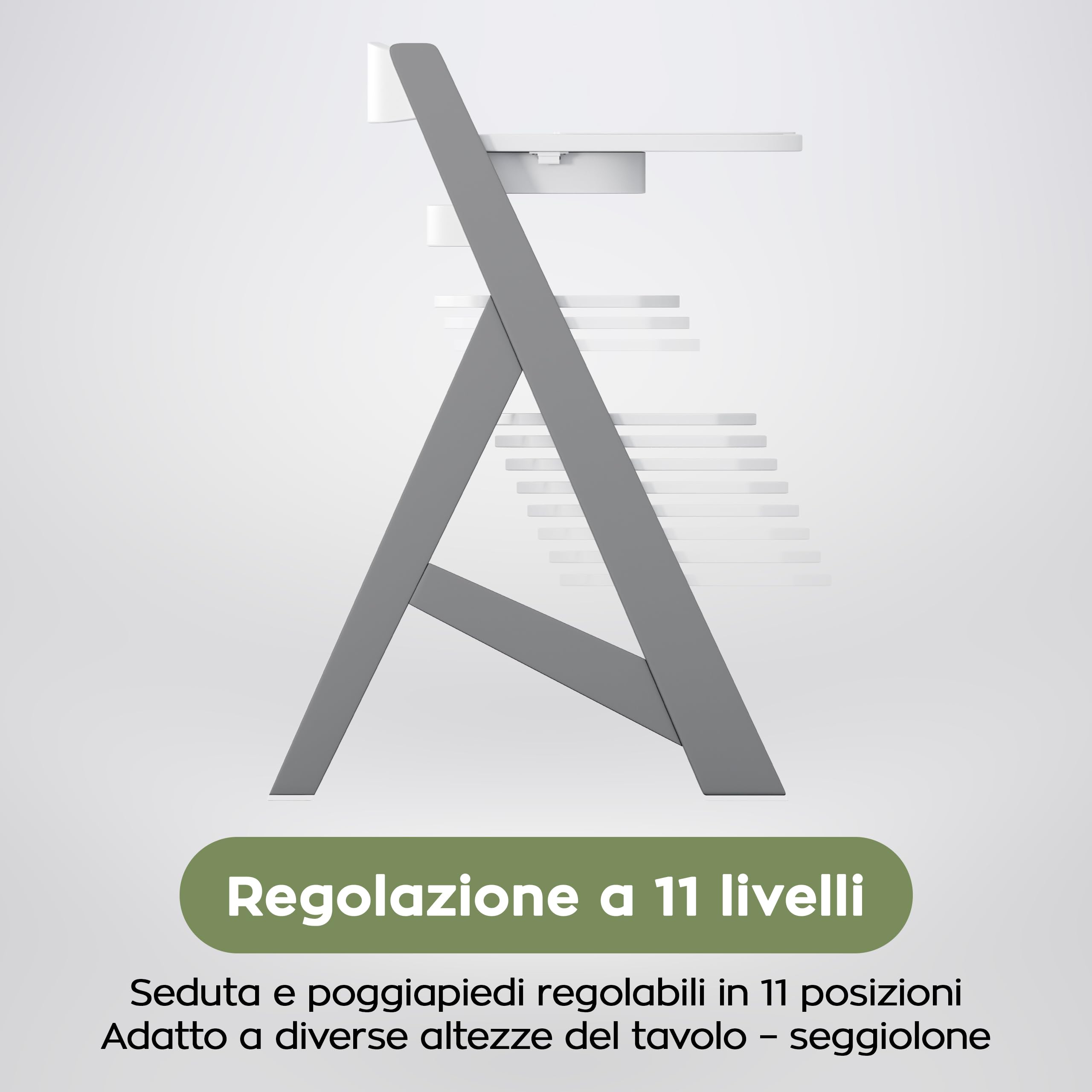 Tulano Morsel 40 - Seggiolone Evolutivo 4 in 1 per Pappa in Legno | Sedia evolutiva con 11 livelli vassoio lavabile cuscini impermeabili e uso da 6 mesi a 12 anni - Grigio Bianco