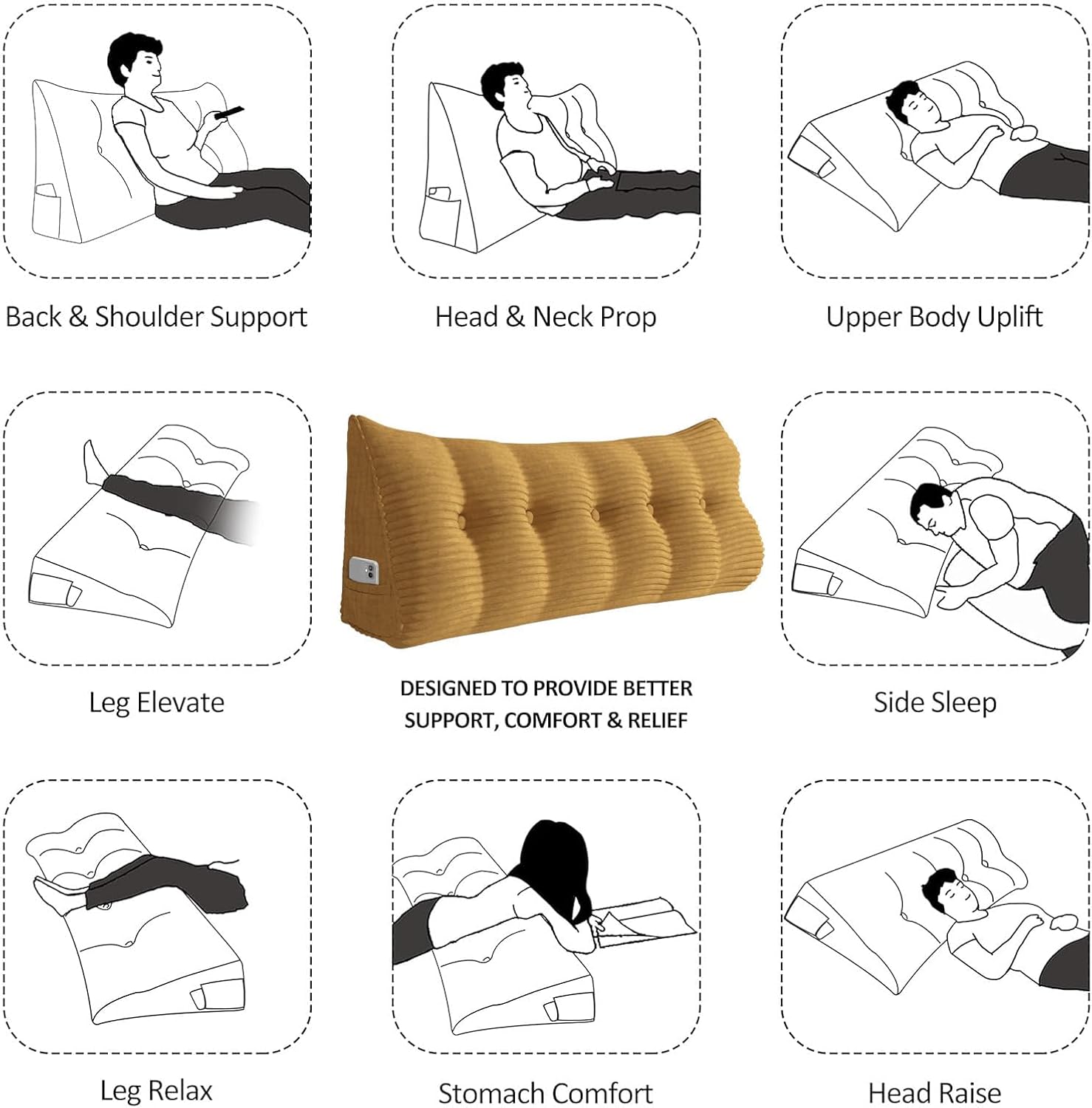 Wedge Headboard Pillow Reading Pillows for Sitting in Bed Adult Backrest Bolster Cushion with Removable Cover Side Pockets Sofa Daybed Yellow Full: 54x8x20 Inches
