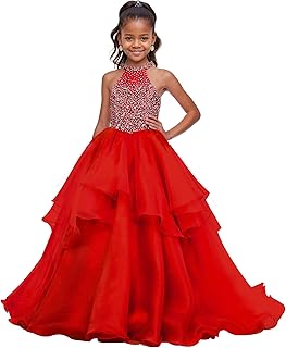 Sweet 16 Pageant Dress for Girls Quinceanera Halter Flower Girl Dresses with Rhinestones Beads Birthday Ball Gown