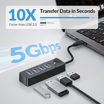 GiGimundo 4-Port USB C Hub for Laptop, USB C to USB Hub Multiport Adapter 5Gbps Transfer, USB C Splitter for Laptop, MacBook Pro/Air, iPad Pro, Dell, Chromebook, Keyboard, Mouse, HDD, Black