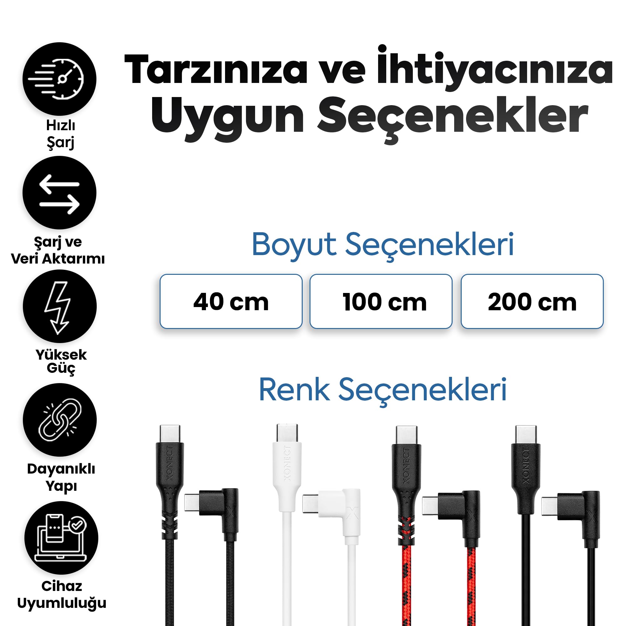 XONECT Type-C to Type-C ile Uyumlu iPhone ve Samsung ile Uyumlu Hızlı Şarj ve Data Kablosu 100 cm L Tipi Gaming Hasır Örgülü (Siyah)