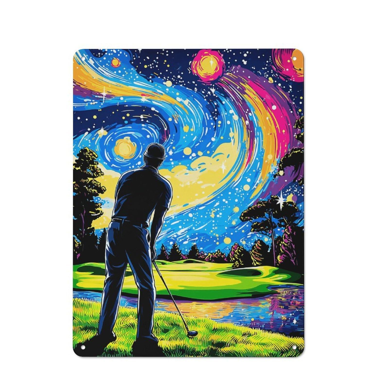 Junmoney Starry Night Golfing Adventure Vintage Metal Plaque 40X30cm For Home Office Or Studio, Seasonal Metal Wall Decor For Winter Interiors