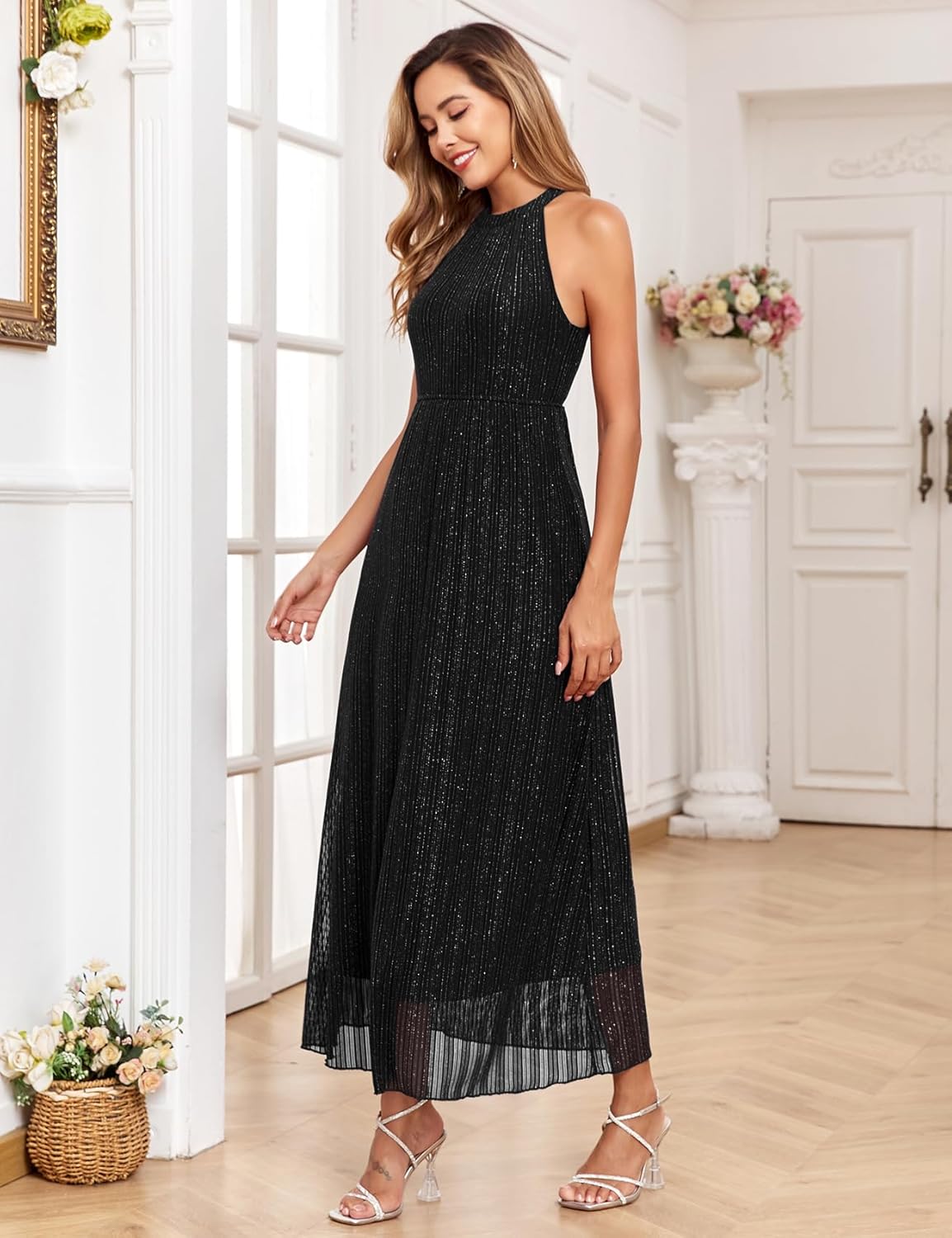 Halter Neck Sparkly Mesh Maternity Maxi Dress - Image 5