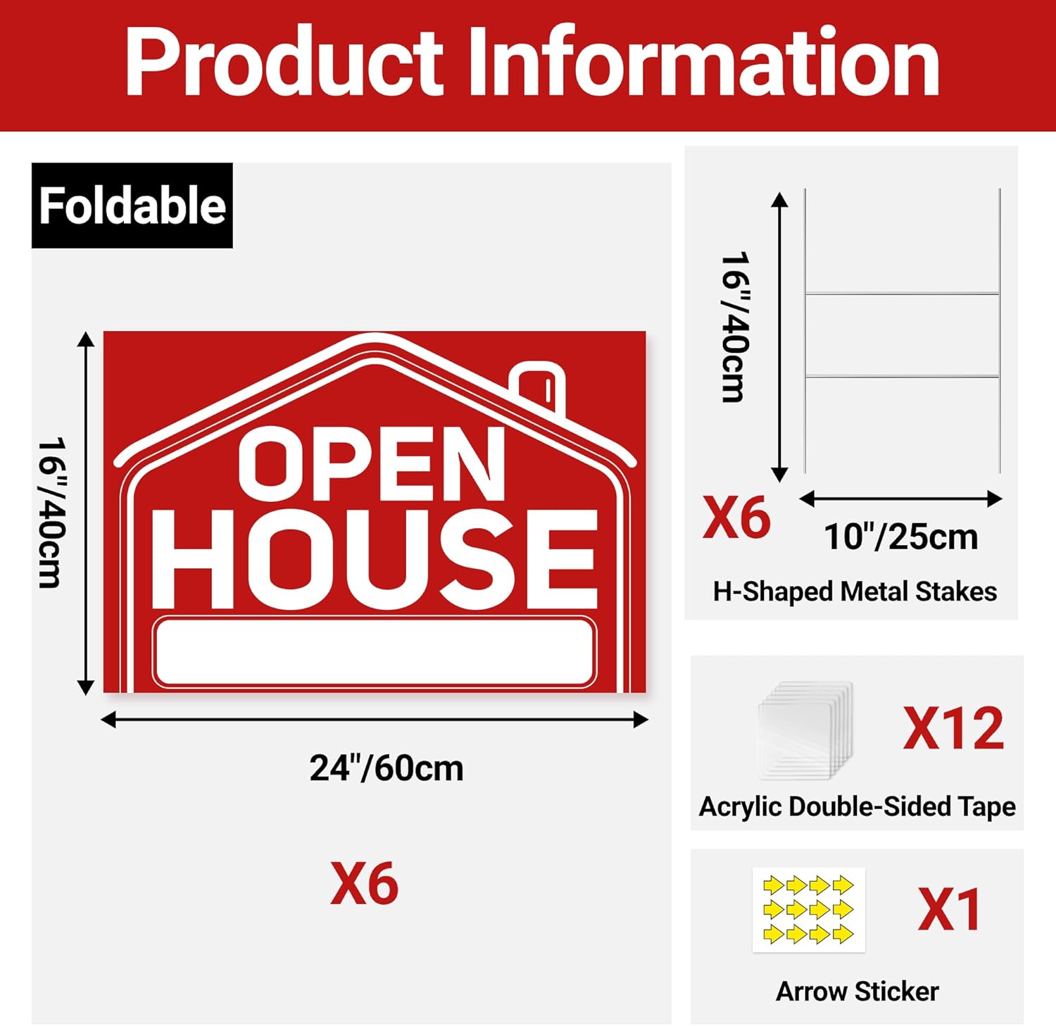 6 Pcs Open House Signs for Real Estate, 24" x 16" Extra - Large Open House Signs with Sturdy Metal Stakes and Arrow Stickers, Double-Sided Waterproof Yard Signs for Open House Supplies