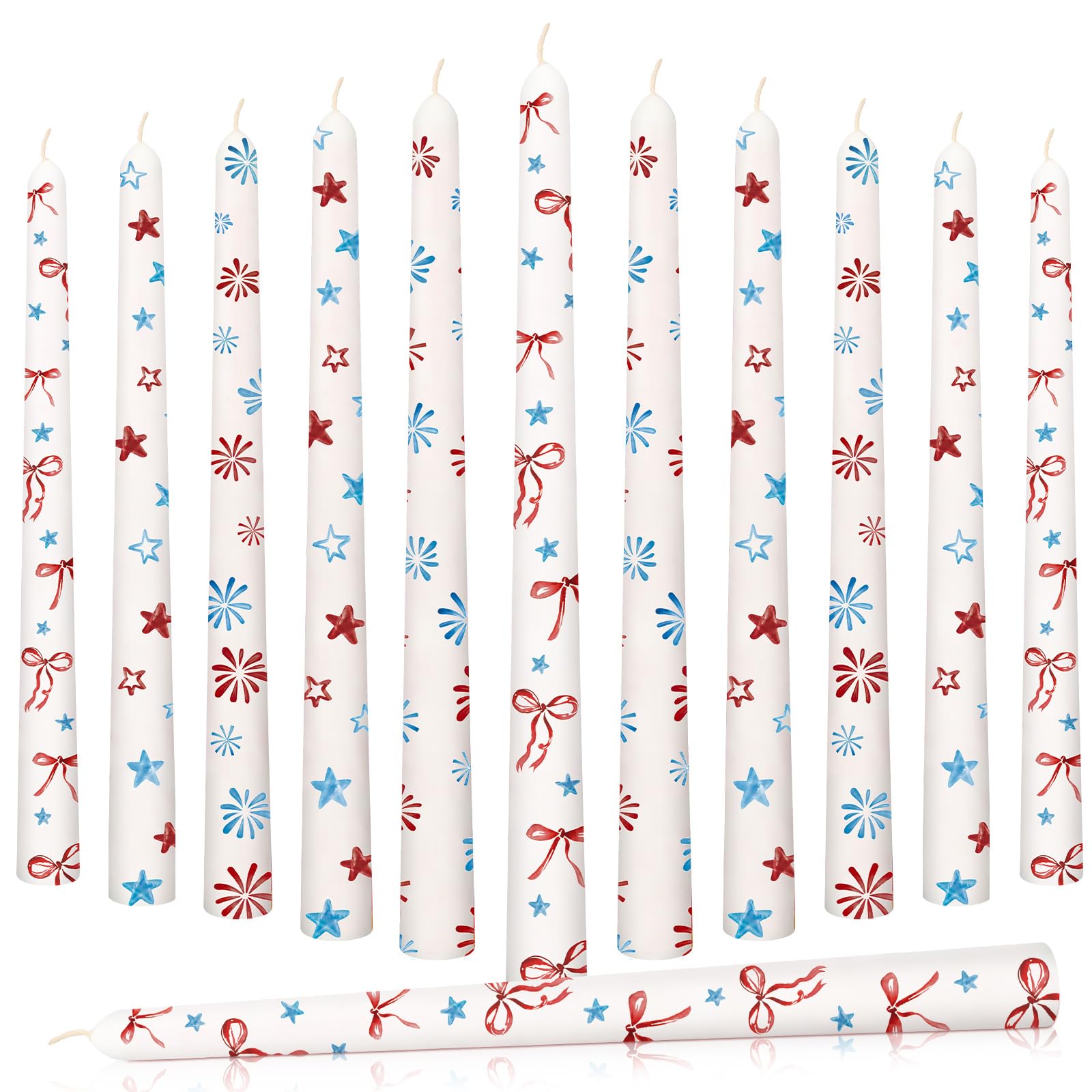 Tujoe 18 Pcs Independence Day Taper Candles 10 Inch Tall 4th of July Decor Patriotic Burning Fireworks Bows Star Candles Set for Independence Day Dinner Party Table Decor