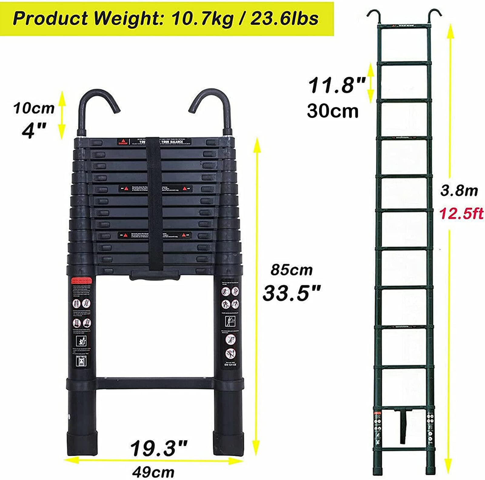 Teleskopleiter mit abnehmbarem Haken, Aluminiumleiter, robust, ausziehbar, Mehrzweckleiter, 150 kg Kapazität, EN131, Sicherheitsgeprüft
