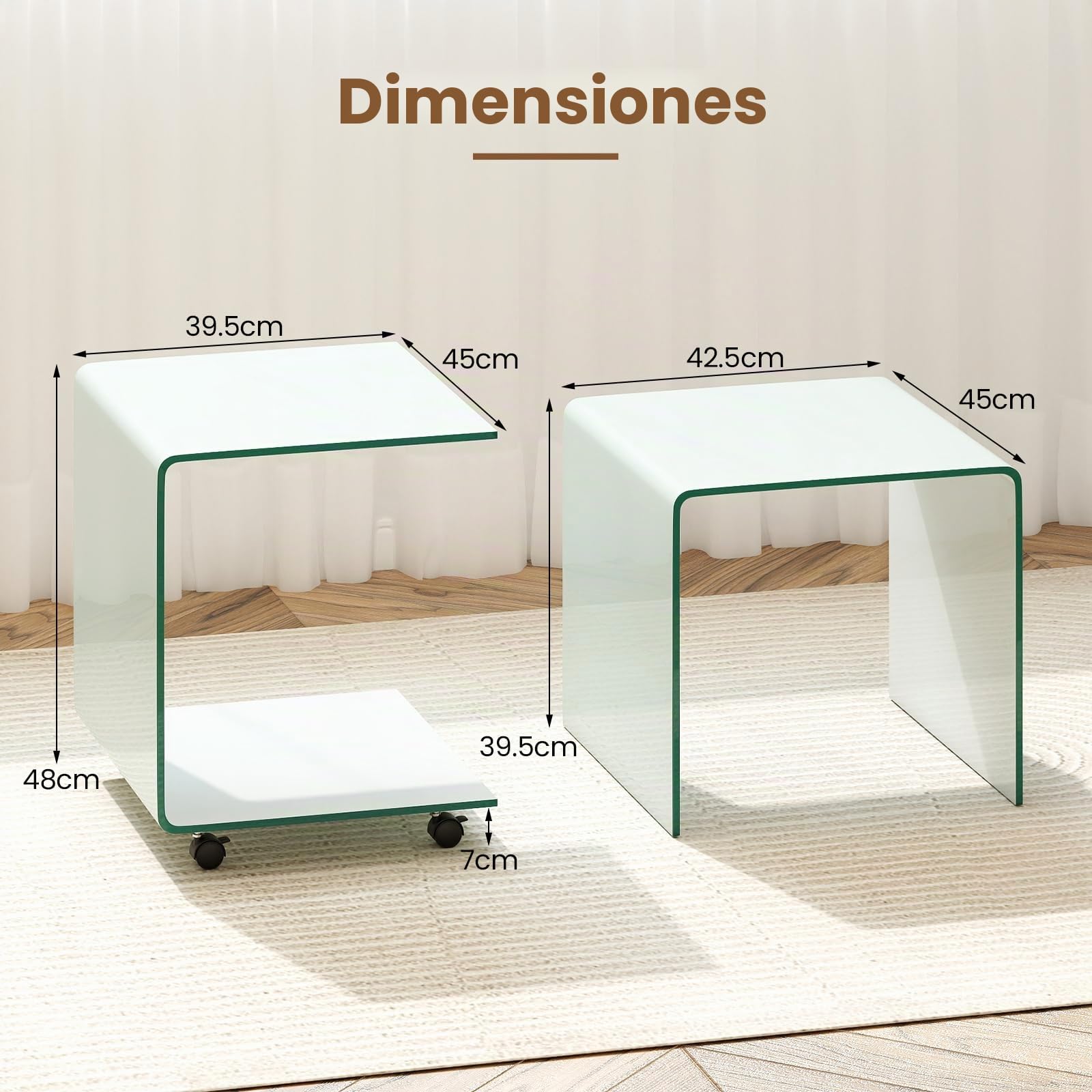 COSTWAY Mesas Auxiliares de Cristal, 45 x 45 x 41 cm, 2 Formas, Mesas de Centro Pequeñas, Mesa Auxiliar Salon Sofa de Vidrio Templado, Mesa para Café (Blanco,con Ruedas)