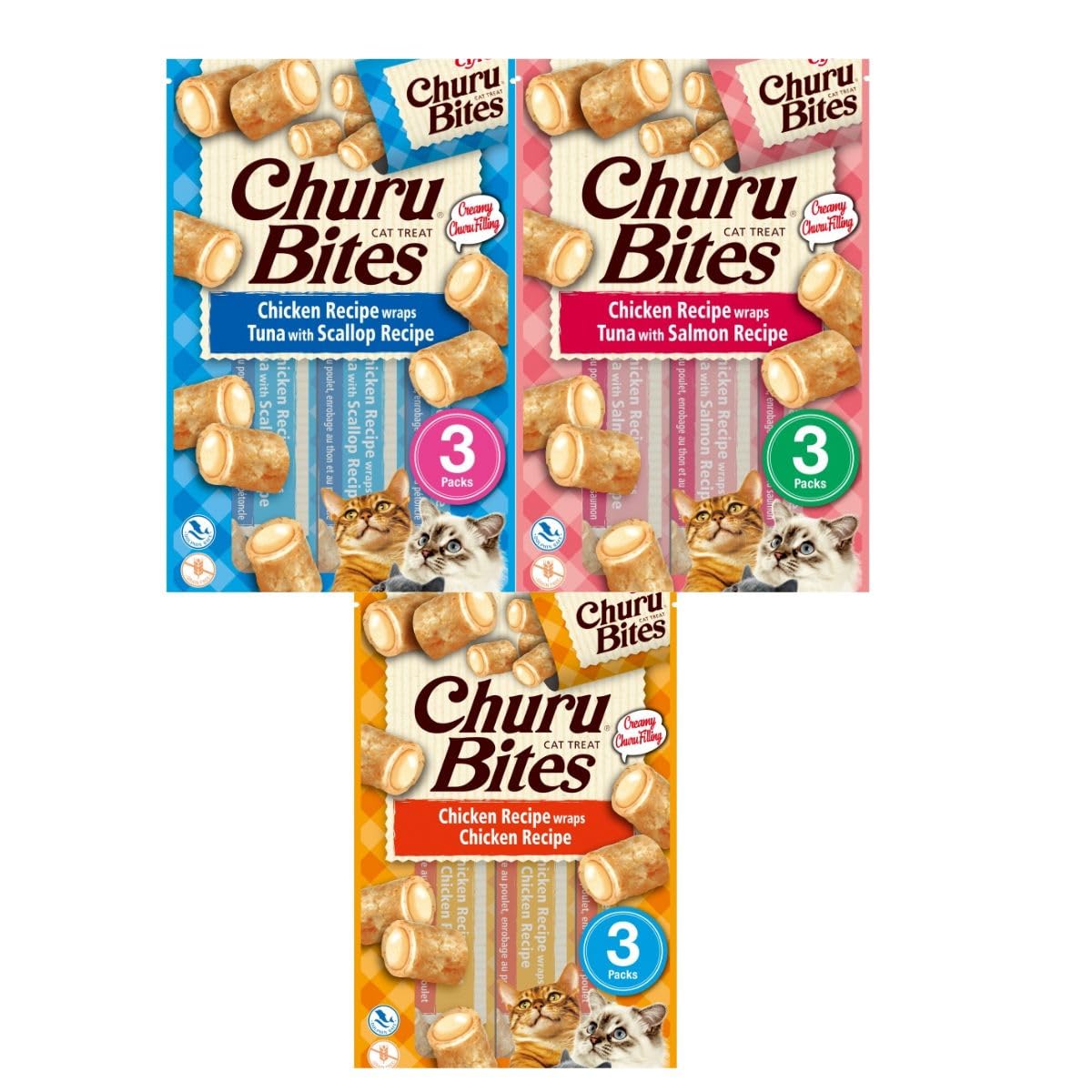 Churu Bites Katzenmischungen | weiche Snacks | Feuchtigkeitsversorgung | (12 x 3 x 10 g, 4 x Huhn, 4 x Lachs, 4 x Thunfisch)