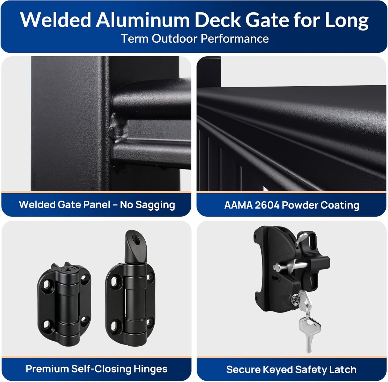 Egadis 36in.H x 4 ft.W Welded Aluminum Deck Gate Kit with Latch and Auto-Closing Hinge, Designed for Super Easy DIY, Cuttable AAMA 2604 Outdoor Gate Kit for Deck, Patio, Garden, Yard, Porch