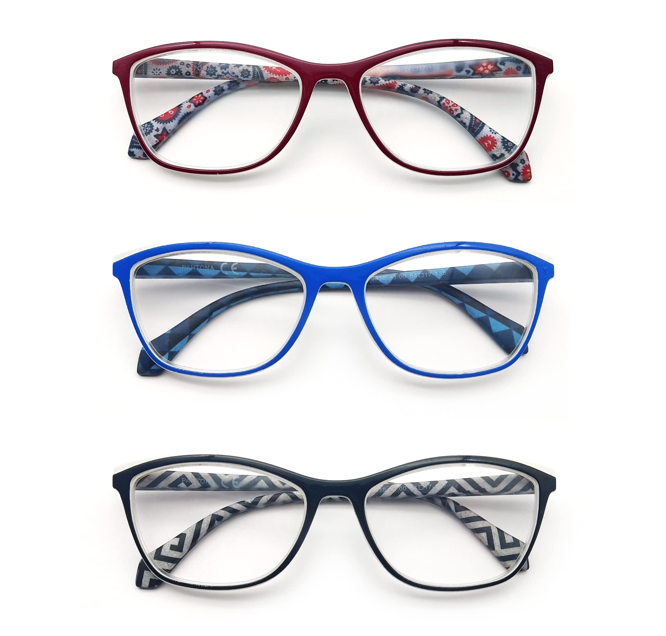 PANTONA Gafas de Lectura Presbicia para Mujer,Montura Ligera con Patillas Estampado de Abstracto.Paquete 3 Gafas,Negro-Azul-Rojo.