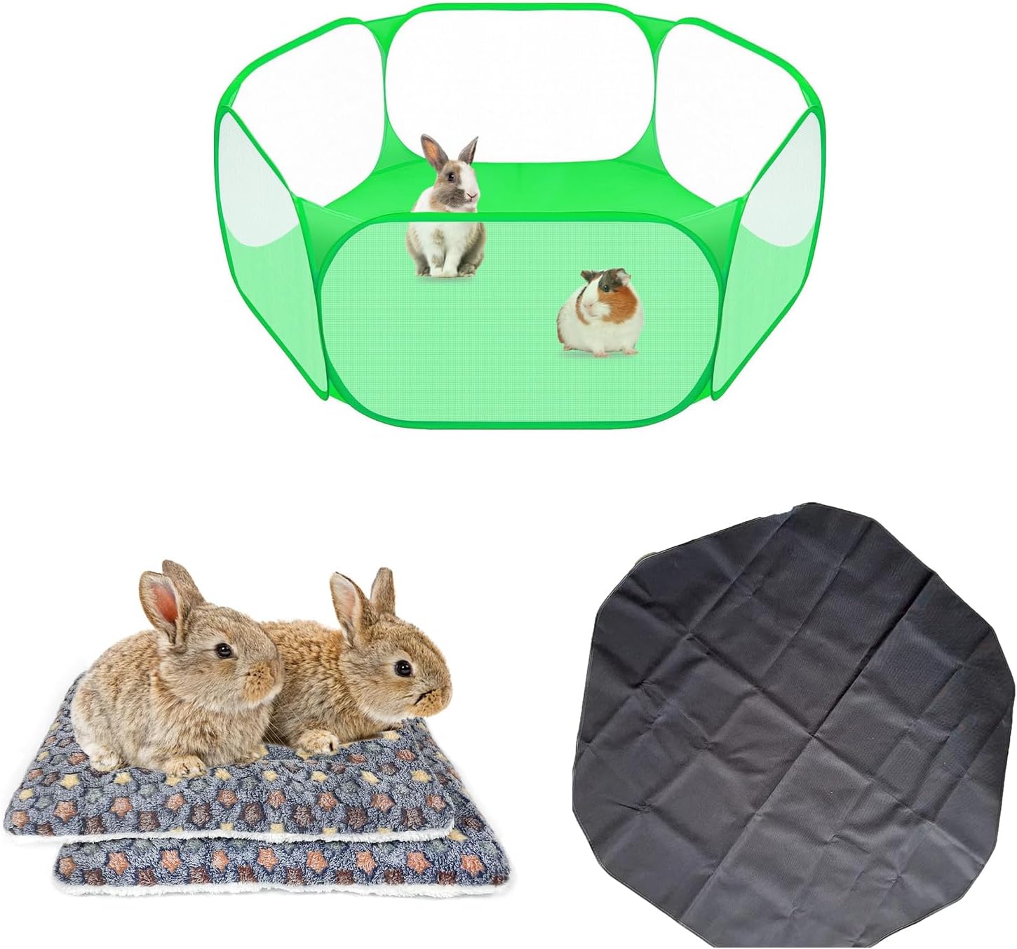 Small Animals C&C Cage Tent, Breathable and Transparent Pet Playpen & 2 Pcs Guinea Pig Bed Mat Washable, Rabbit Winter Bed Pad for Indoor & Waterproof Pads for Small Animal Playpen, Reusable Liners