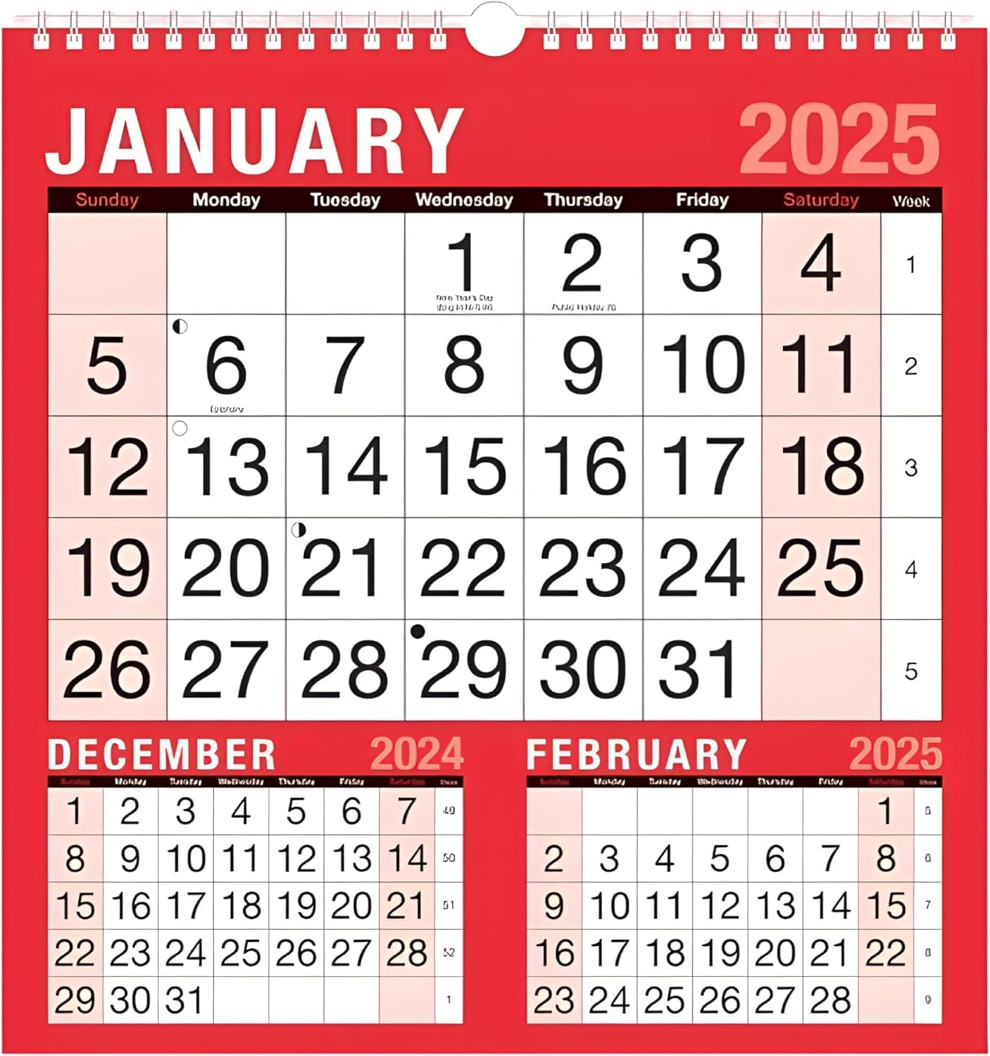 GROSSē 2025 Calendar Three Months to View Spiral Bound Wall Planner Red and Black Canender, Wall Calendar Large Month to View Planner& Personal Organisers for Home Business Office School