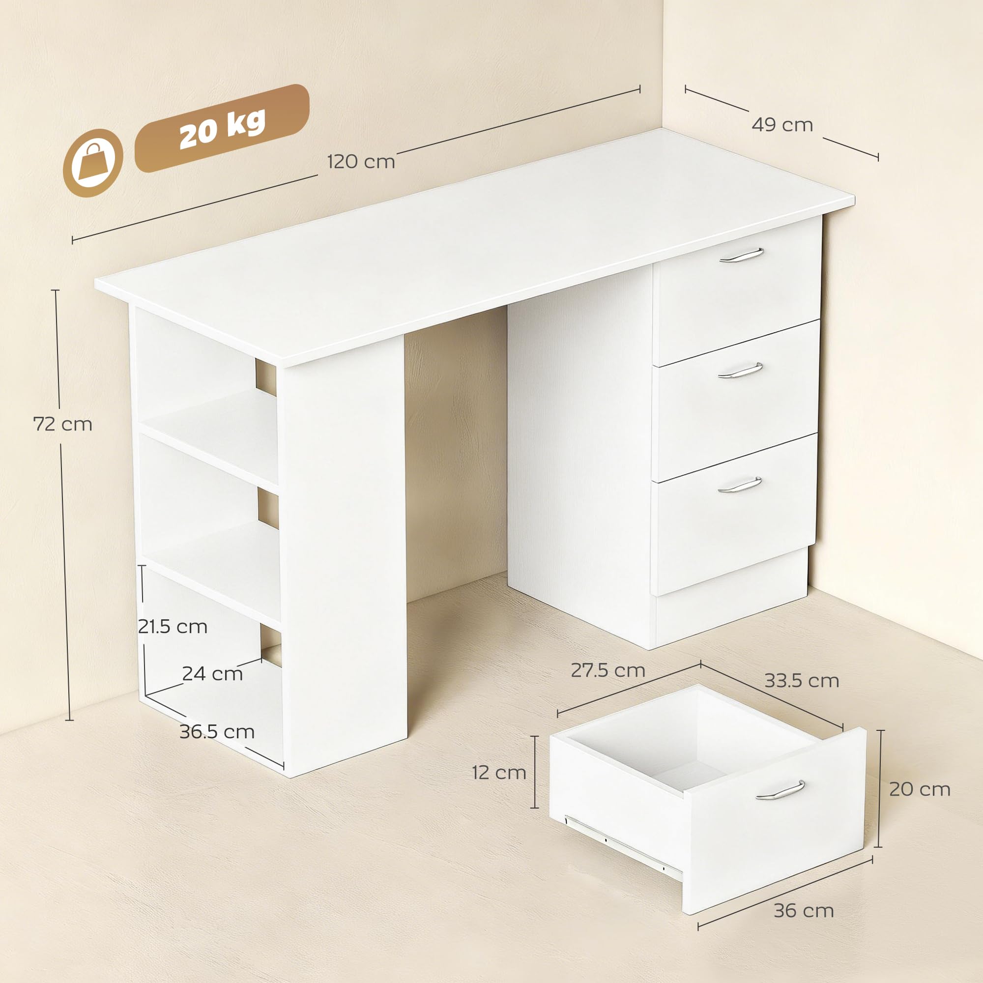 HOMCOM Scrivania Porta PC con 3 Cassetti e 3 Ripiani, Scrivania per Camera e Ufficio in Legno 120x49x72cm Bianco