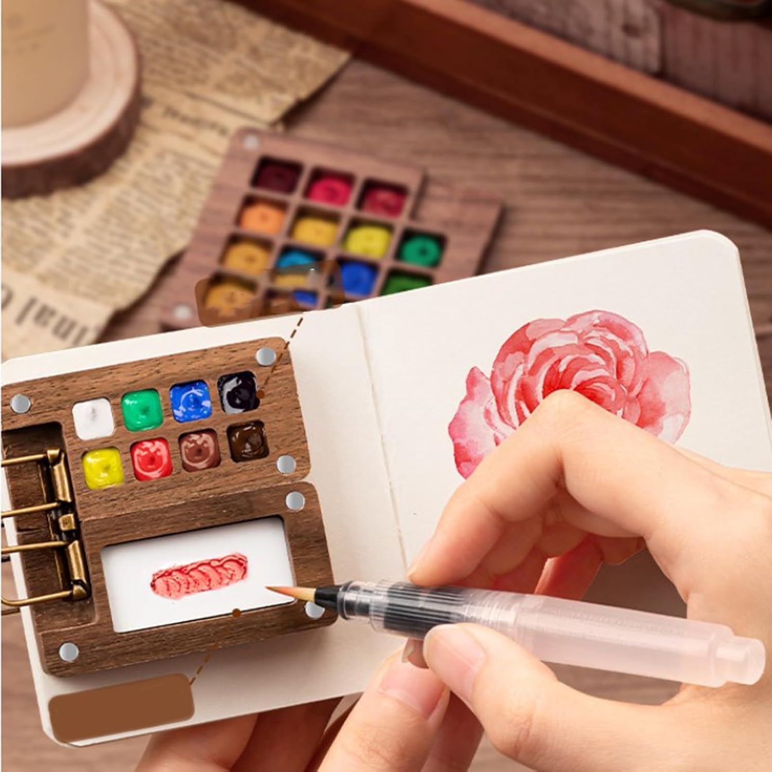 Mini tavolozza portatile per acquerelli, con scatola in legno, pennello tascabile per acquerelli, 1 legno da viaggio, 24 pezzi con set