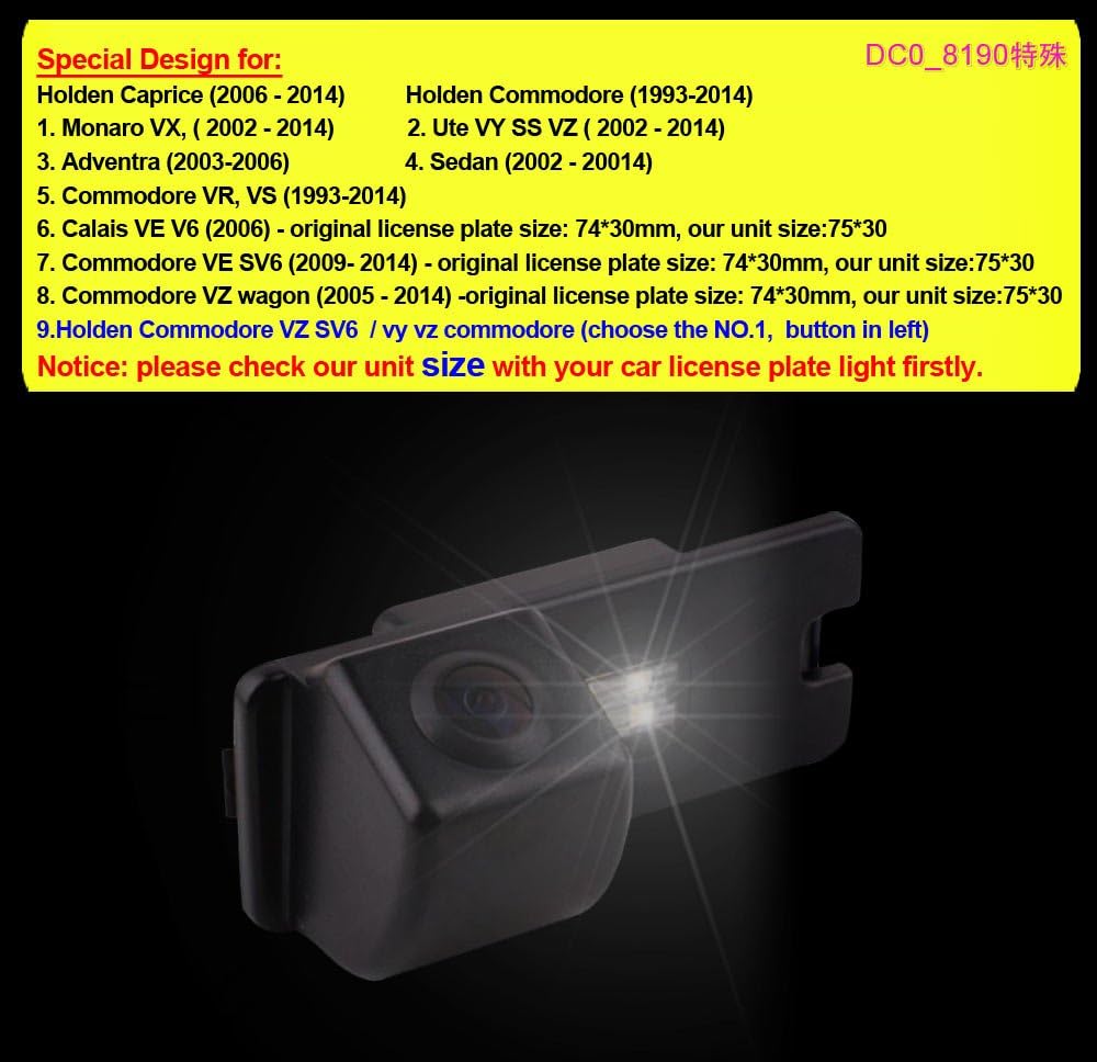 HD Auto 170° License Plate Light Rear View Reversing Backup Camera Parking Aids System Compatible with Holden Caprice/Commodore/Monaro VX/Ute VY SS/Adventra/Sedan/VR, VS/Calais VE V6 SV6/VZ Wagon
