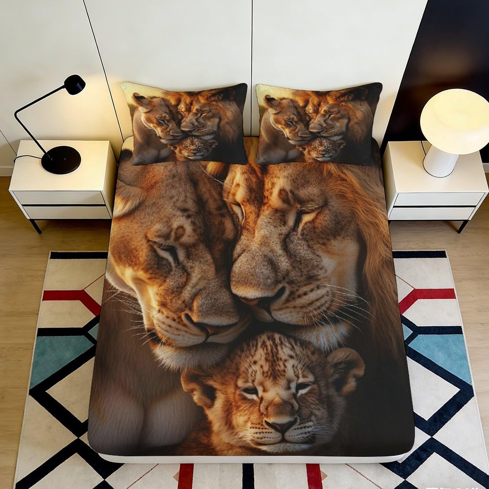 3D Printed Lion Family Fitted Sheet Microfiber Soft Durable Lion Cub Bed Cover for Bedroom Dormitory Guest Room Mattress Protection Decor 140x200x25cm