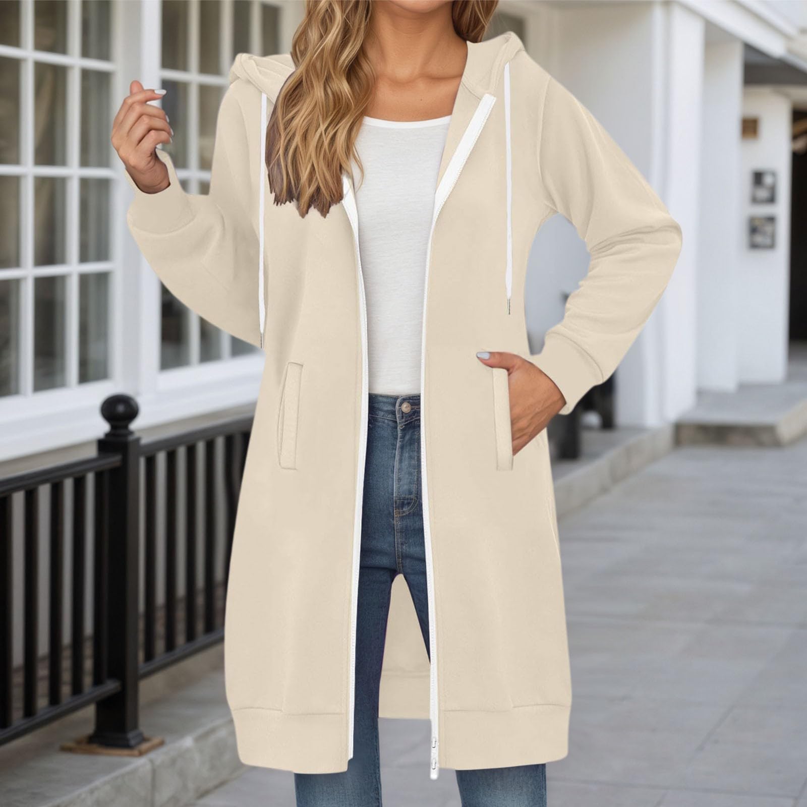 Generisch Felpa lunga con cappuccio da donna taglie forti, maglione casual con tasche con coulisse per l'uso quotidiano in autunno e inverno