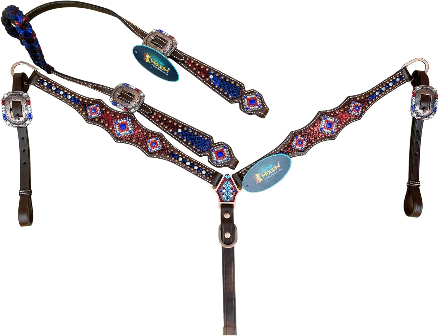 American Flag Headstall and Breast Collar Tack Set - Argentina Cow Leather Decorated with Red, White, and Blue Design, Premium Conchos, and Antique Buckles