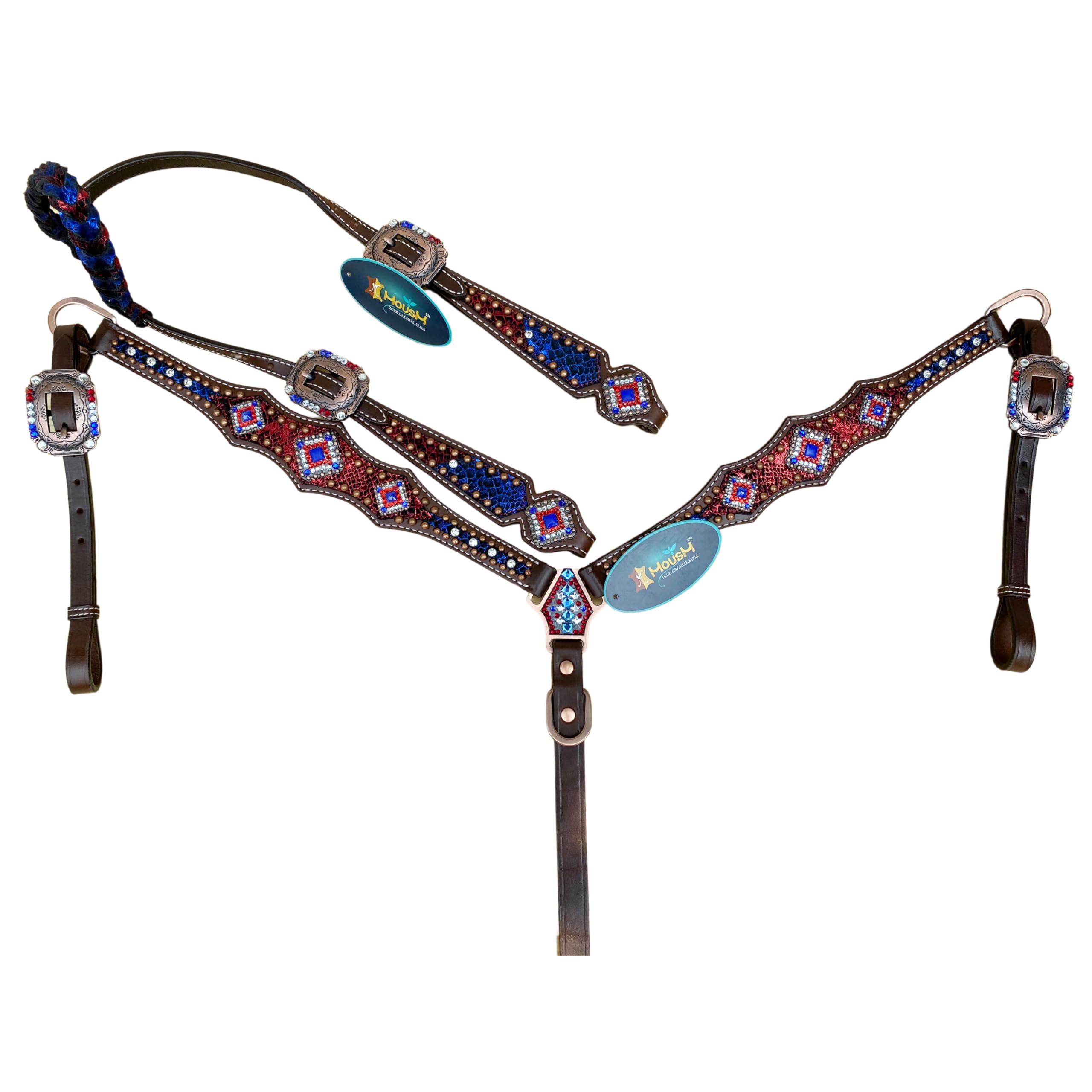 MOUSM American Flag Headstall and Breast Collar Tack Set - Argentina Cow Leather Decorated with Red, White, and Blue Design, Premium Conchos, and Antique Buckles