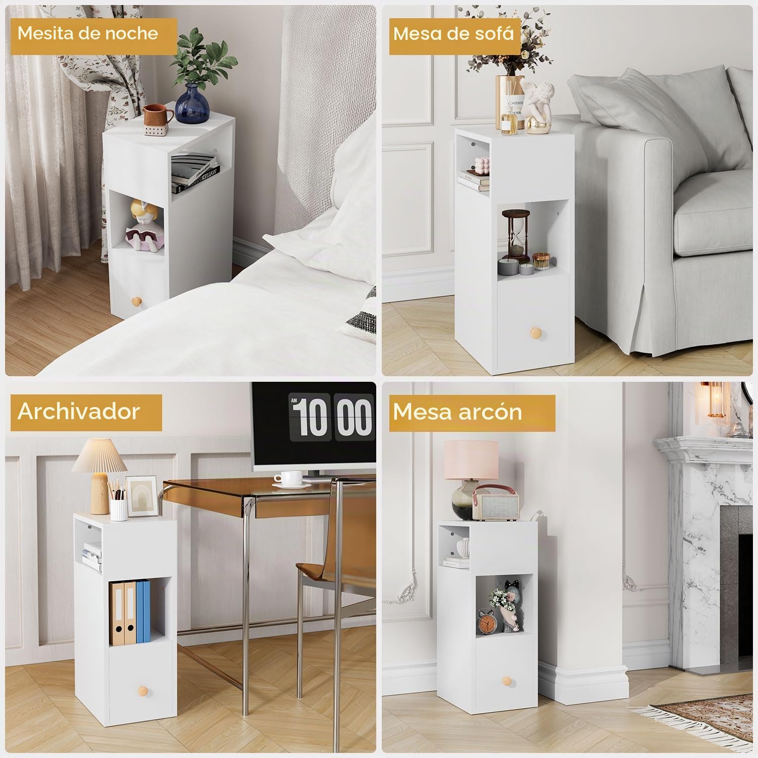 IBUYKE Juego de 2 Mesita de Noche Estrecha, Mesilla de Noche Pequeñas con 2 Compartimentos y 1 Cajón, 20x29x55 cm, Mesa Auxiliar para Dormitorio, Salón, Blanco WNS006W-2