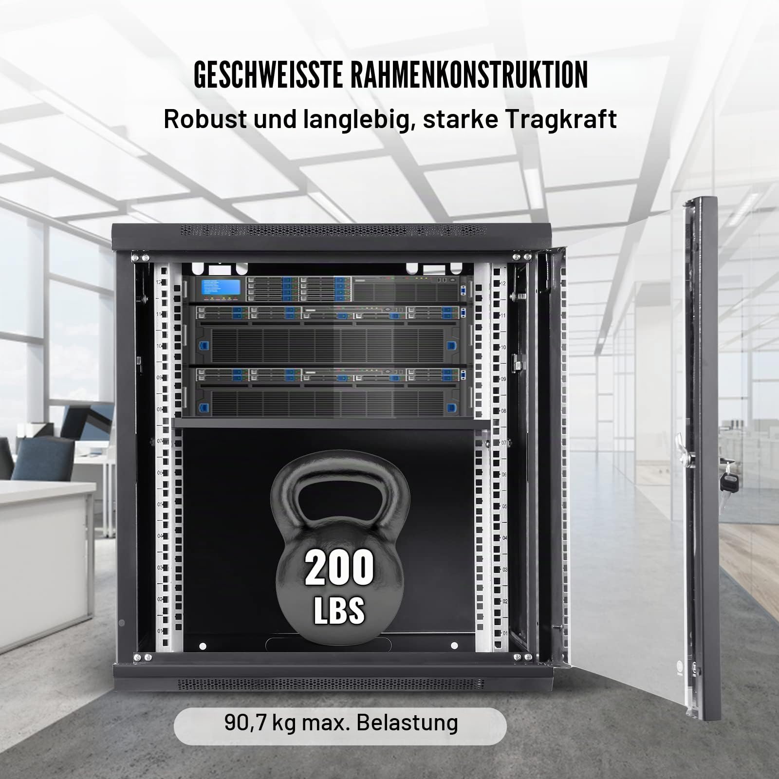 VEVOR 9U Netzwerk-Serverschrank zur Wandmontage, 15,5 Zoll tief, Server-Rack-Schrankgehäuse, ca. 91 kg. Bodenmontierte Ladekapazität, mit abschließbaren Glastür-Seitenwänden, für IT-Geräte, A/V-Geräte
