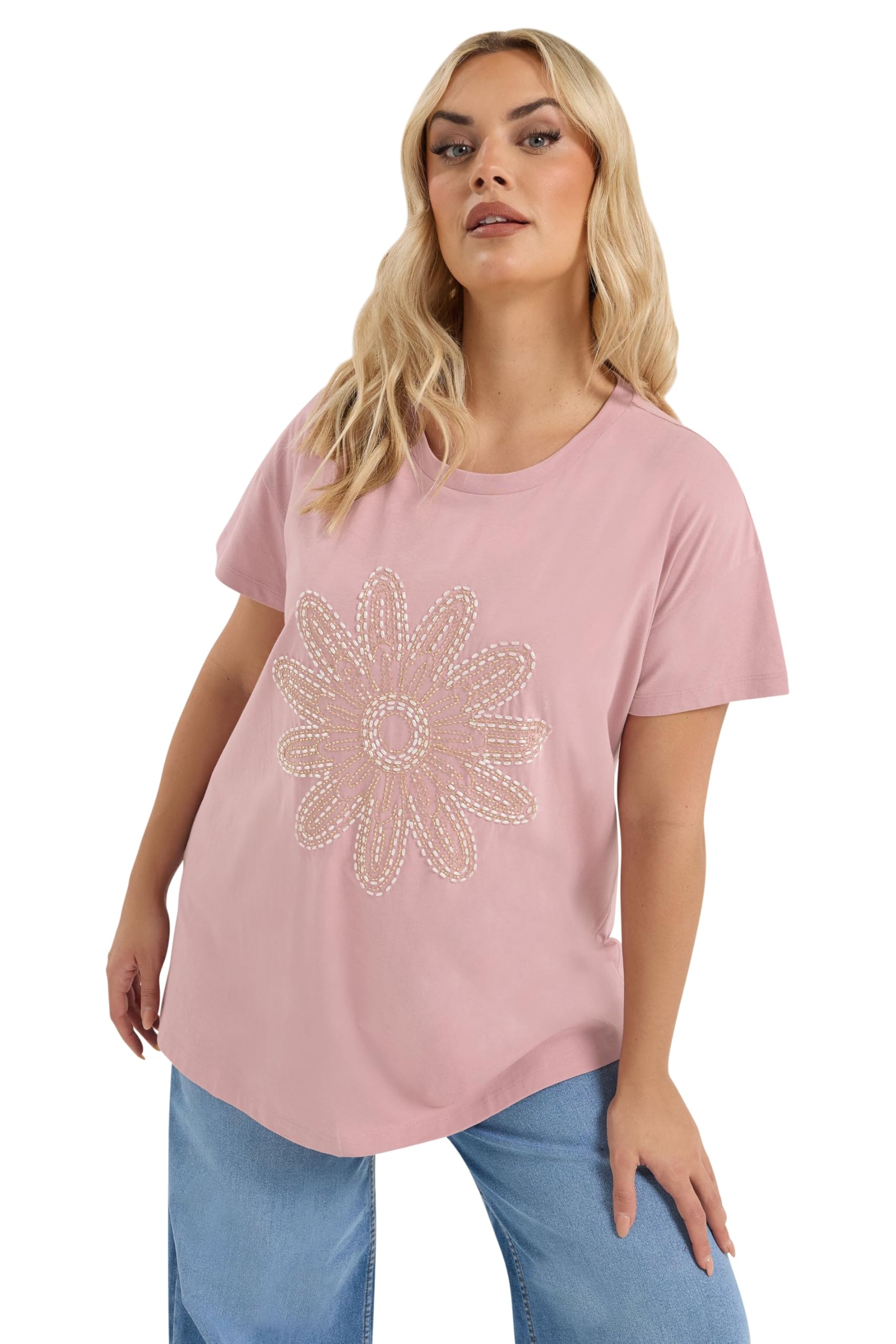 Yours Women's Pink Beaded Daisy T-Shirt In Size 22-24