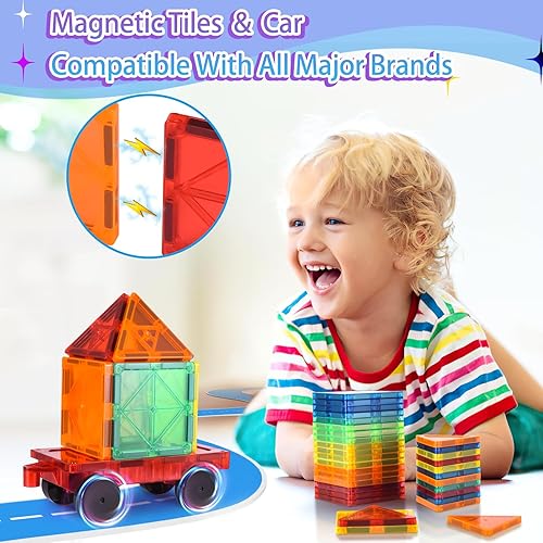 Miniatura 4 de Asago Azulejos magnéticos con auto y caja musical, juego de azulejos magnéticos expandidos, bloque de construcción para niños pequeños de 3 a 5
