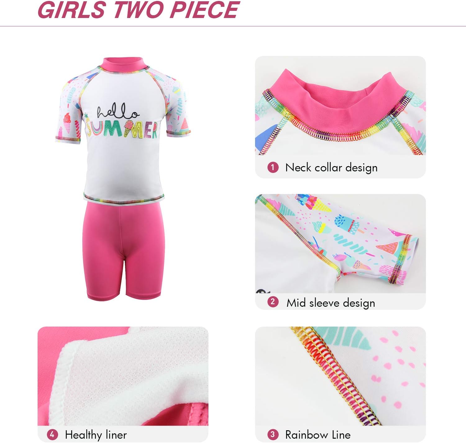 Julysand Toddler Girls Rash Guard Sets Summer Letter Ice Cream Print Swimsuit Short Sleeve Two Piece Swimwear - Image 3