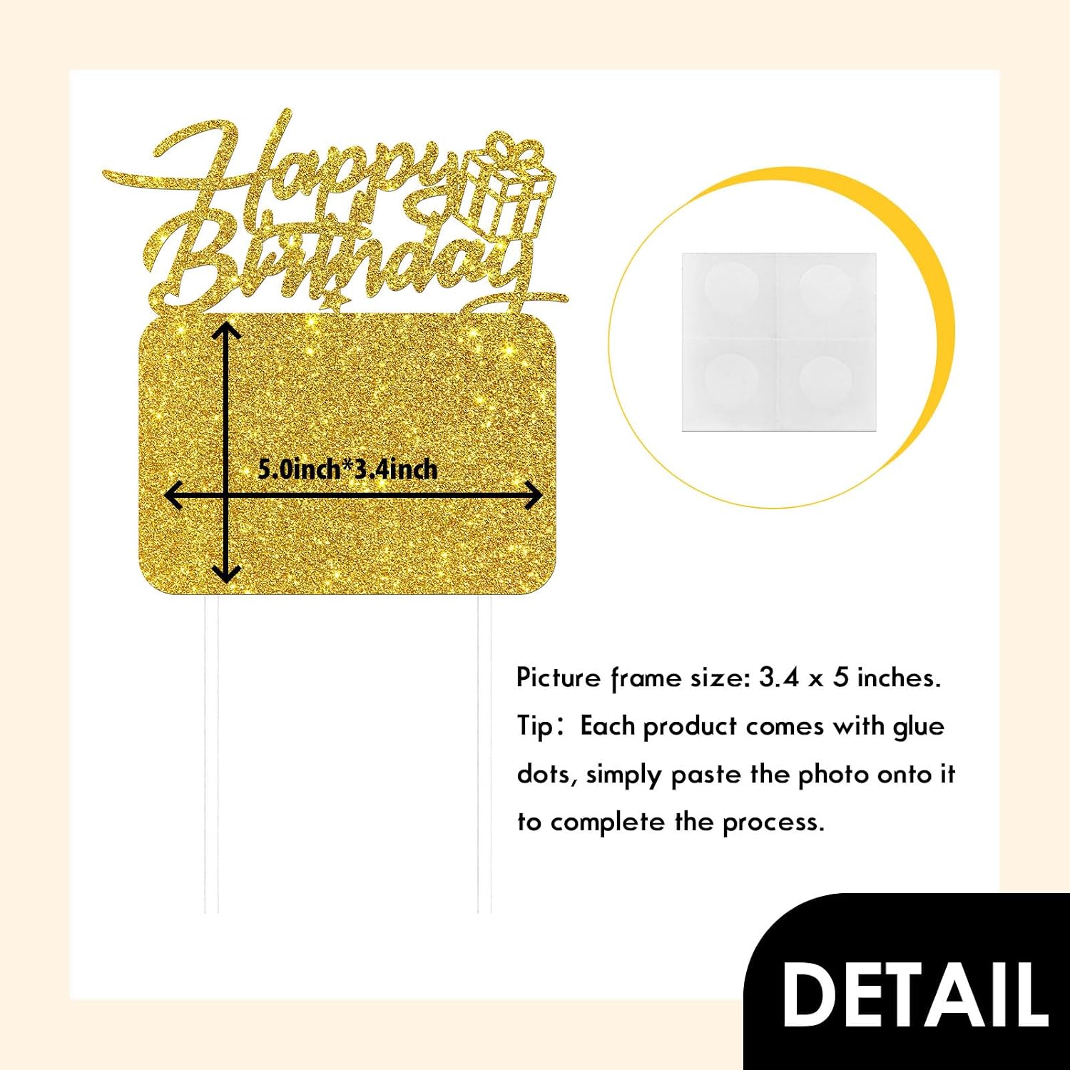 Happy Birthday Cake Topper with Photo Frame, Girl Boy Woman Man Birthday Photo Picture Cake Topper, Anniversary Party Cake Decorations Gold Glitter