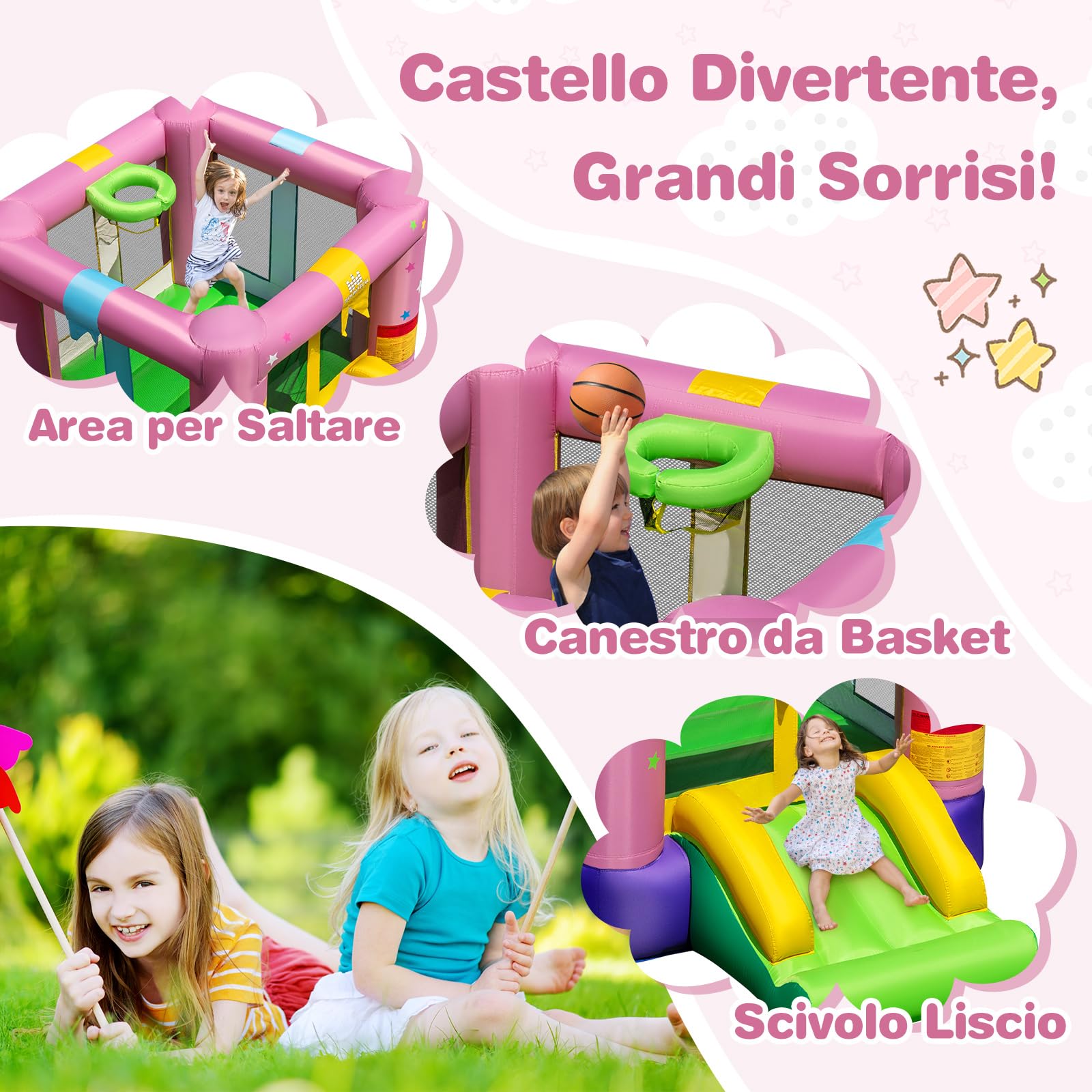 COSTWAY Castello Gonfiabile per Bambini, con Trampolino e Scivolo
