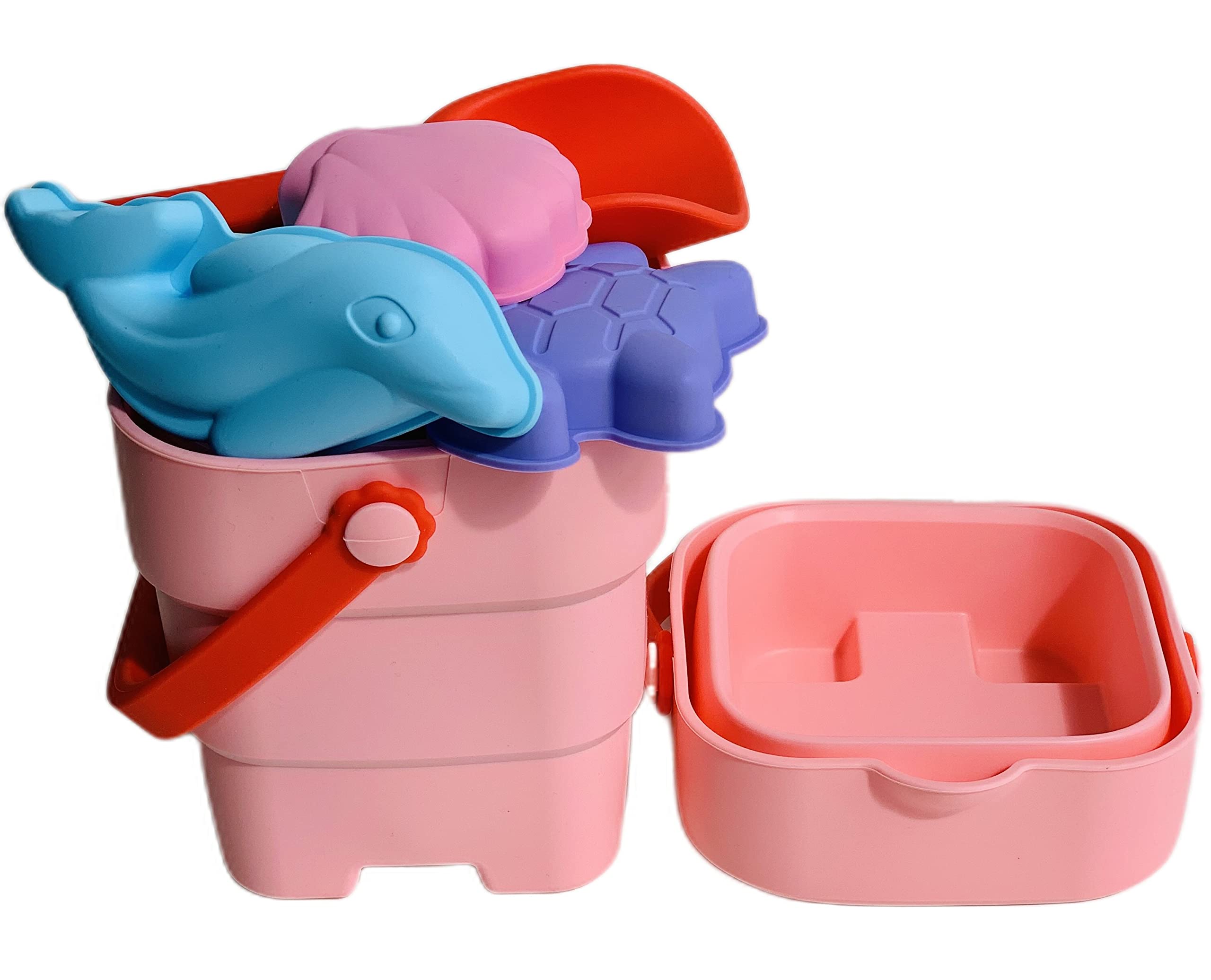 Foldable Beach Bucket Toy Set (6 pieces) - Silicone Collapsible Beach Toys for Kids, Scrunch Bucket, Castle, Sea Animals Molds, Toddler Travel Sand Toys set, Sandbox Toy (Pink)