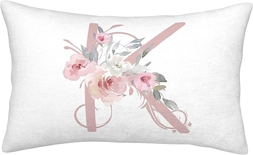 Fundas de almohada del alfabeto K, 14 x 20 pulgadas, fundas de almohada con monograma floral rosa, fundas de almohada con letra K, funda de almohada