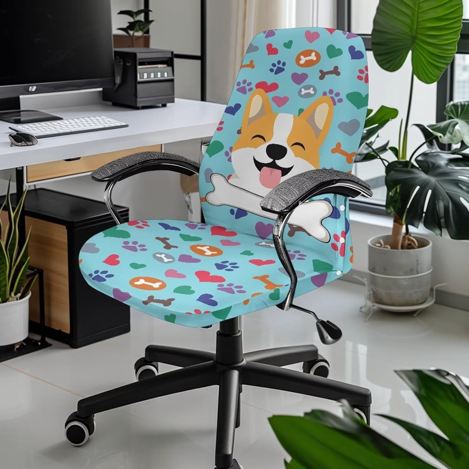 Bone Heart Paw Corgi Dog Blue Elastic Gaming Chair Slipcovers Scratch Resistant Universal High Back Chair Slipcover Easy to Remove Non-Slip Cover for Office Chair Seat Large image 2