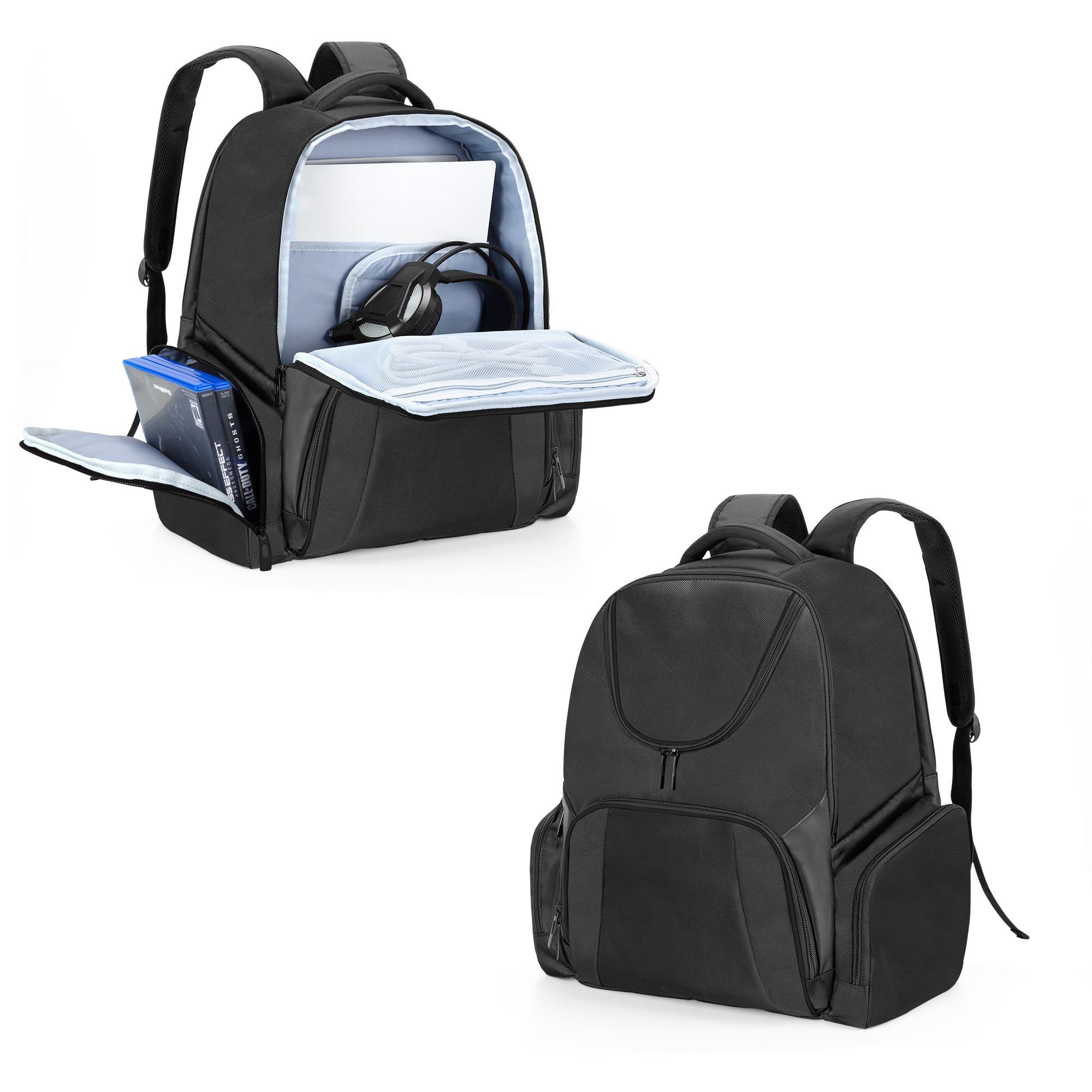 CURMIO Sac à Dos de Rangement Compatible avec Xbox Series S, Xbox One, Xbox 360, PS5, PS4 et PS4 Pro, Étui de Voyage pour Console, Manettes et Accessoires,Brevet en Instance, Noir (Sac Vide)
