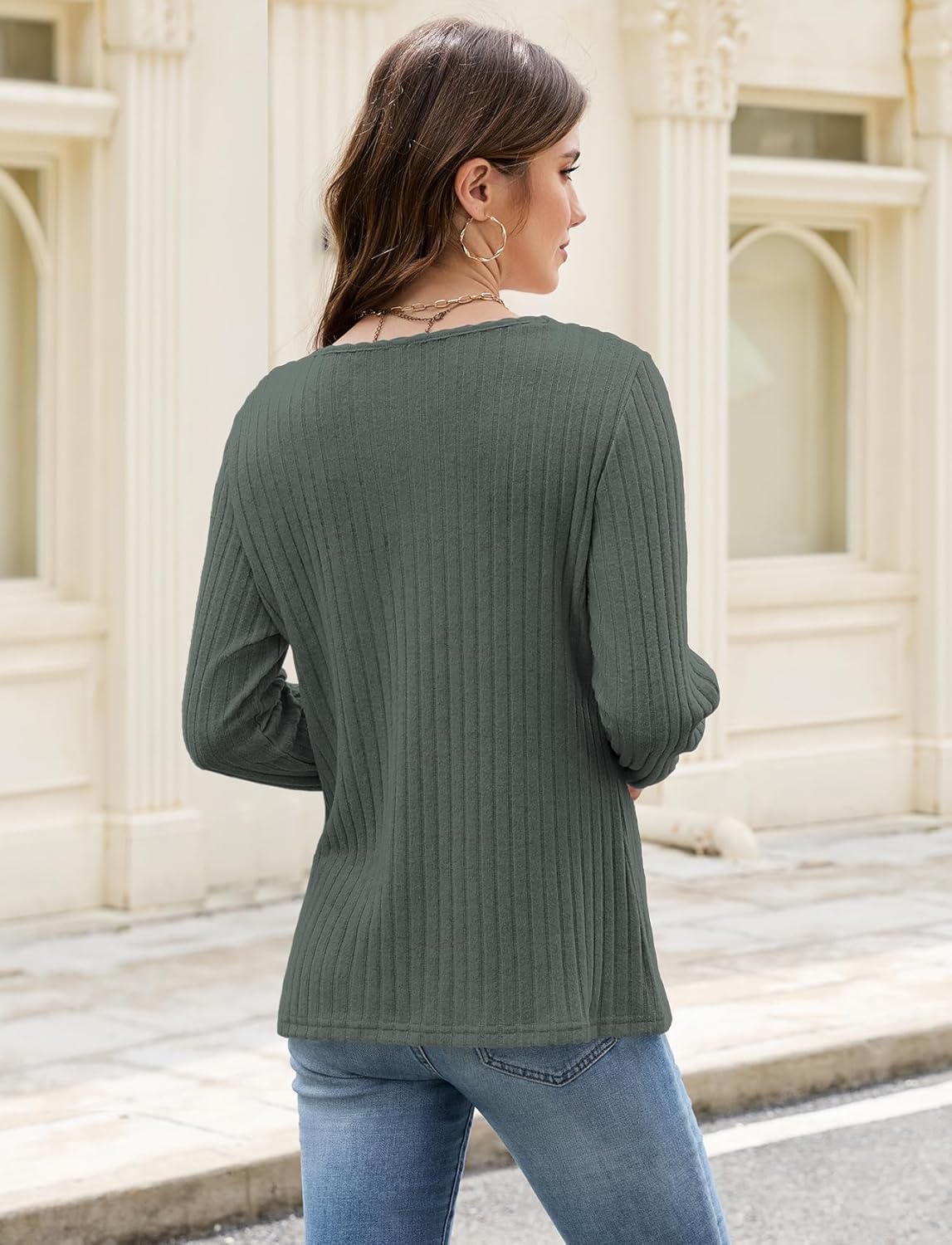 V Neck Long Sleeve Shirts for Women Fall 2025 Casual Business Ribbed Knit Sweater Cute Work Outfits - Image 3