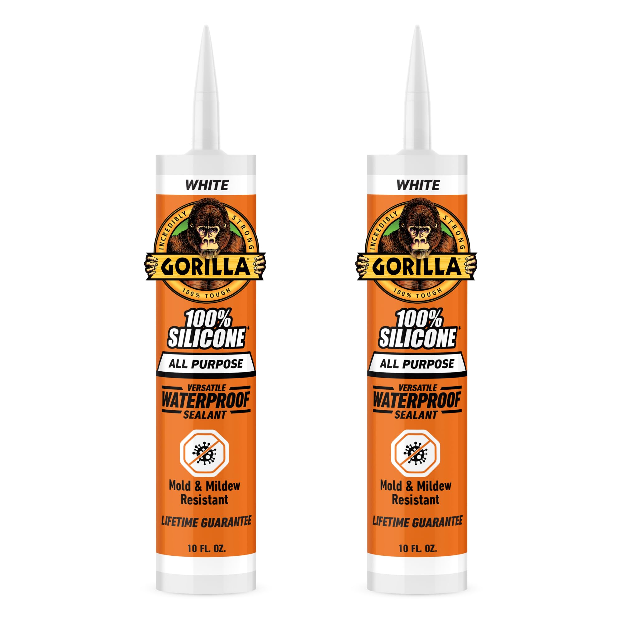Gorilla Waterproof Caulk & Seal 100% Silicone Sealant, White, 10oz Cartridge (Pack of 2)