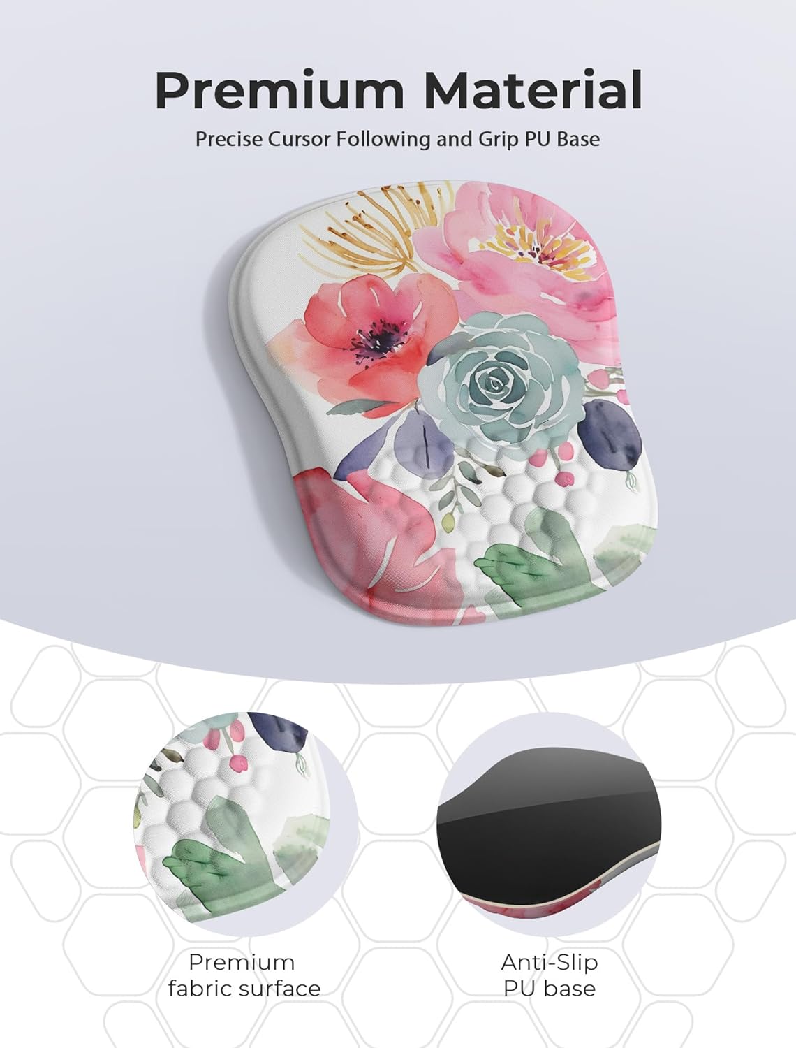Watercolor Floral Ergonomic Mouse Pad for Carpal Tunnel Pain Relief, 65% Usable Mouse Area, Memory Foam Concave Wrist Rest for Office, PC, Gaming